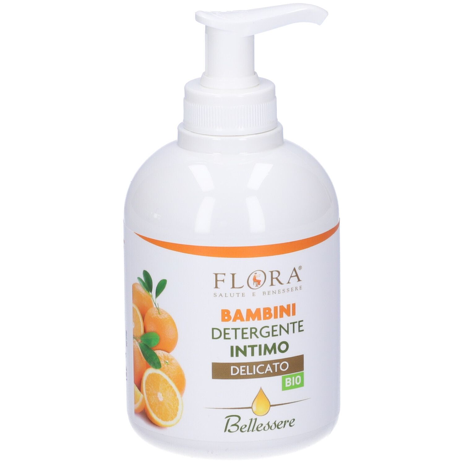 Flacone bianco con pompa. Scritta: Detergente Intimo, Delicato, Bio. Illustrazione: arance.