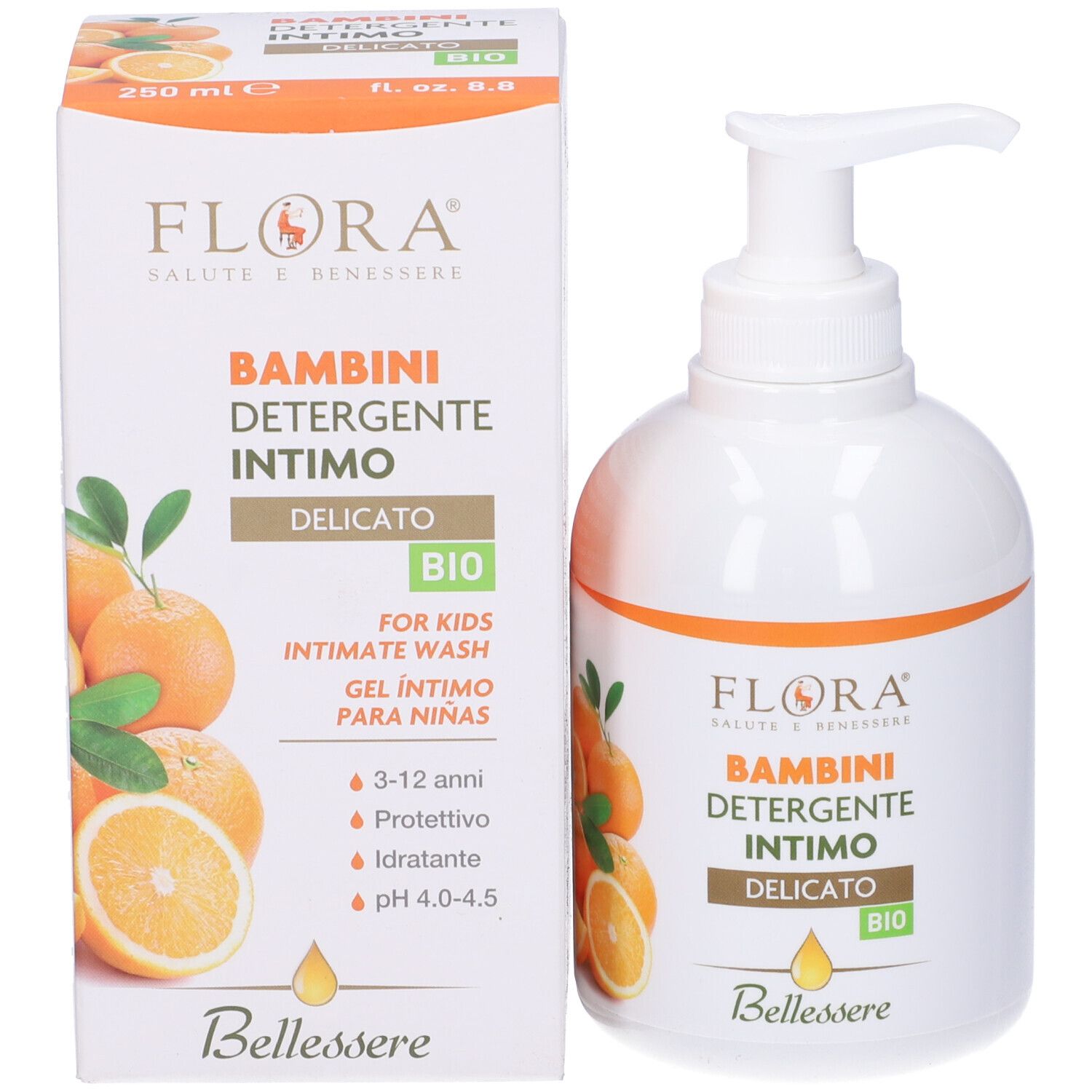 Flacone e scatola. Scritta: Detergente Intimo, Delicato, Bio. Illustrazione: arance. Testo: For Kids Intimate Wash.