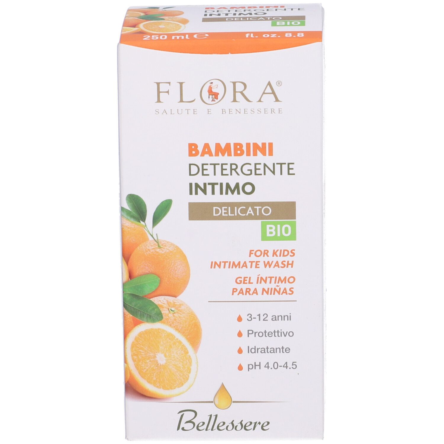 Scatola. Scritta: Detergente Intimo, Delicato, Bio. Illustrazione: arance. Testo: For Kids Intimate Wash, 250 ml.