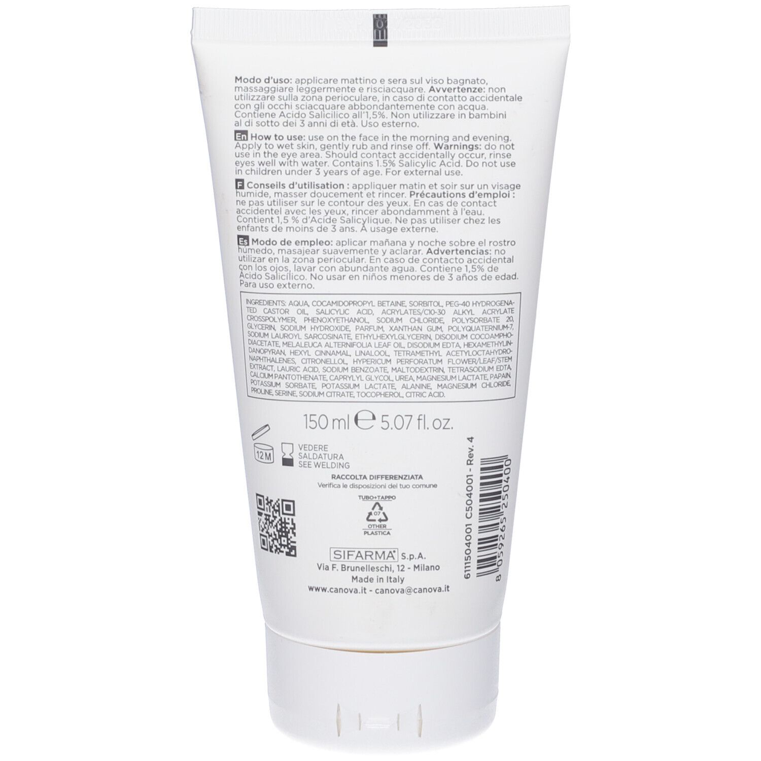 Rückseite der Tube: Canova Salipil Detergente, 150 ml / 5.07 fl.oz. Enthält 1,5% Salicylsäure.