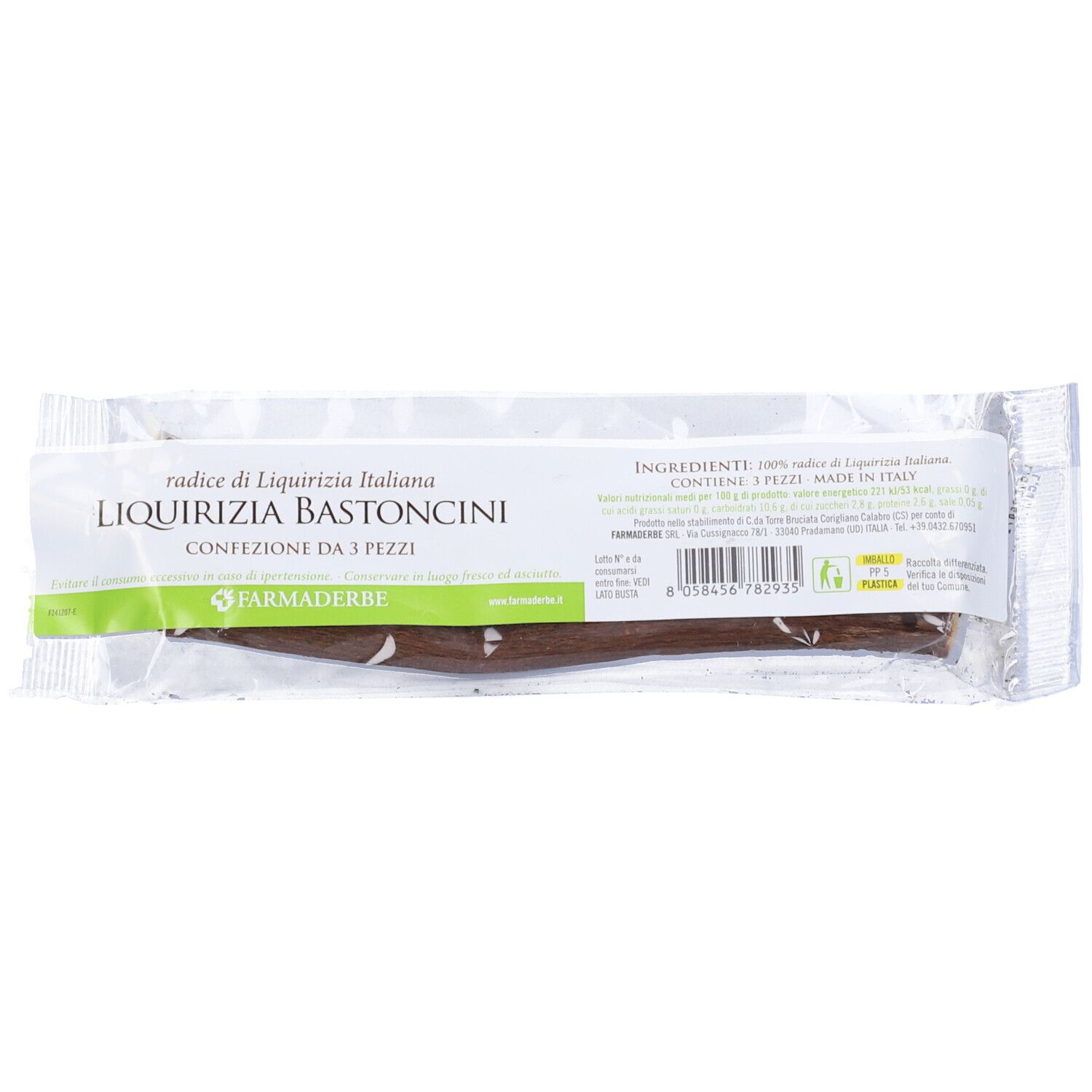 Confezione con un bastoncino. Scritta: LIQUIRIZIA BASTONCINI. Marchio: FARMADERBE. Testo: Confezione da 3 pezzi.