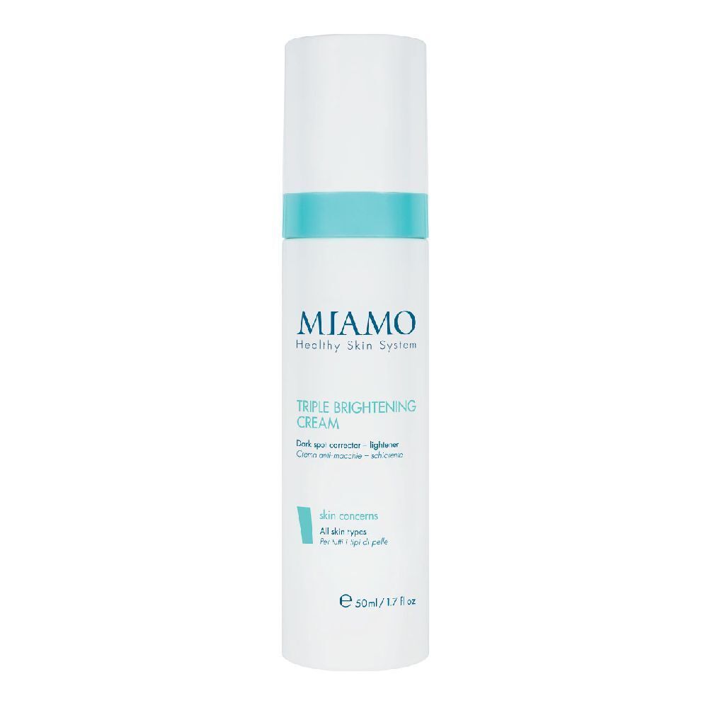 Flacone bianco con fascia blu. Scritta: Miamo, Triple Brightening Cream. Per tutti i tipi di pelle.