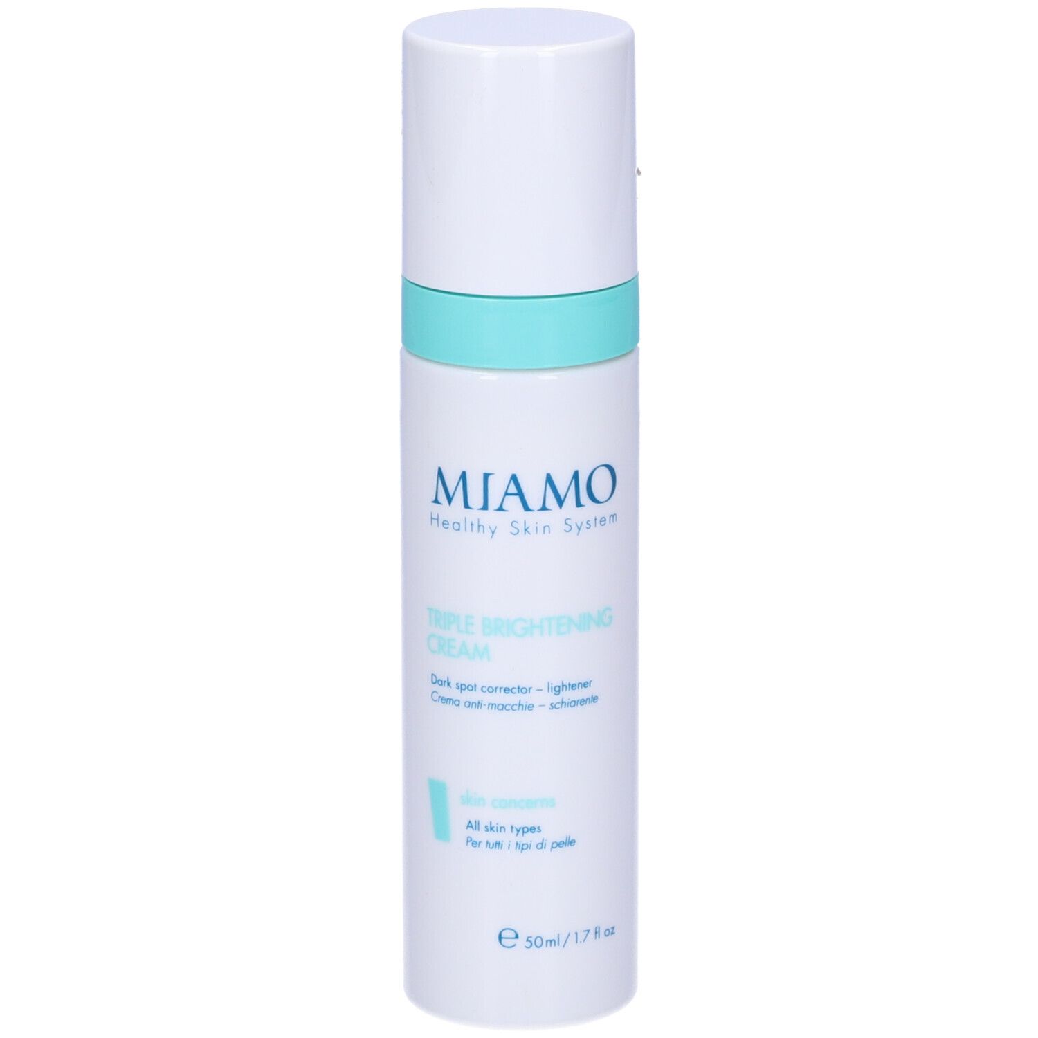 Flacone bianco con fascia blu. Scritta: Miamo, Triple Brightening Cream. Per tutti i tipi di pelle.