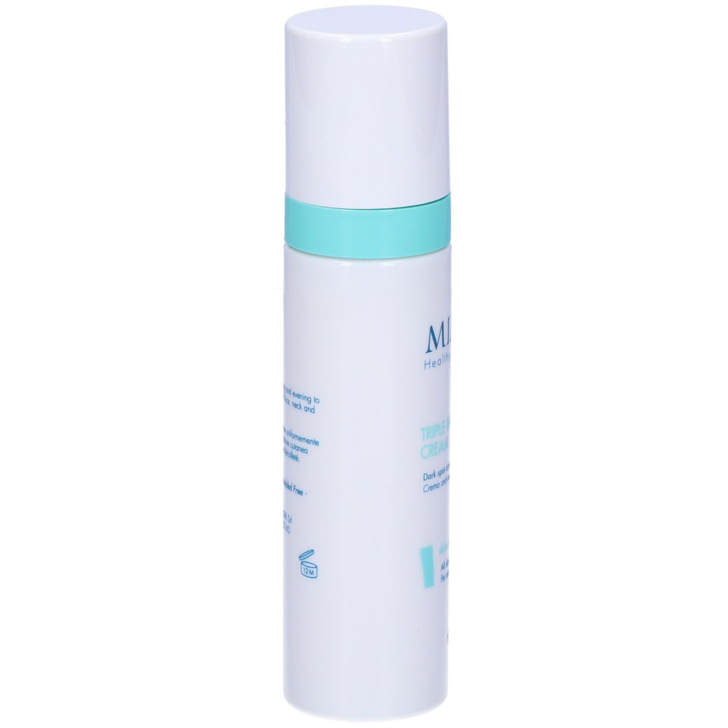 Flacone bianco con fascia blu. Scritta: Miamo, Triple Brightening Cream. Per tutti i tipi di pelle.