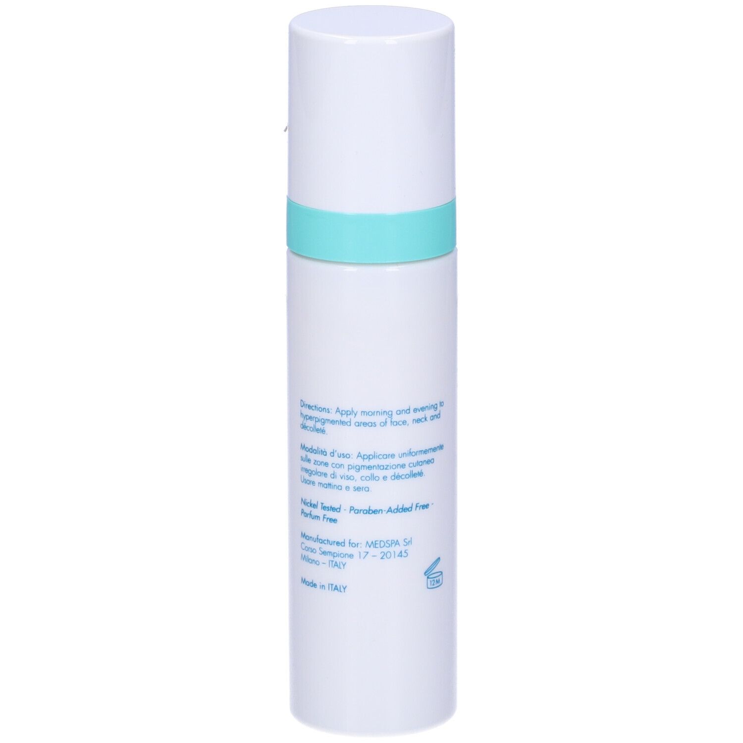 Flacone bianco con fascia blu. Scritta: Miamo, Triple Brightening Cream. Per tutti i tipi di pelle.