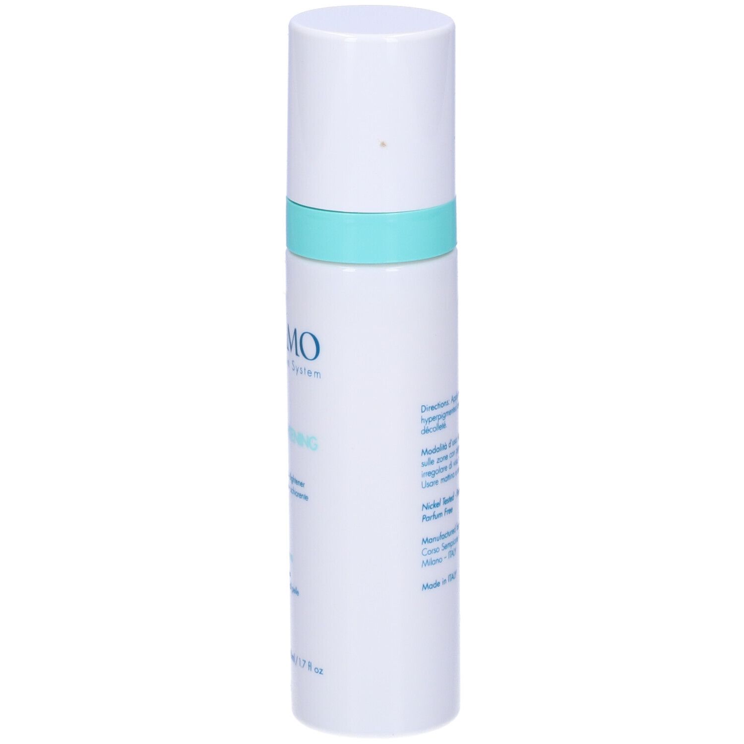 Flacone bianco con fascia blu. Scritta: Miamo, Triple Brightening Cream. Per tutti i tipi di pelle.