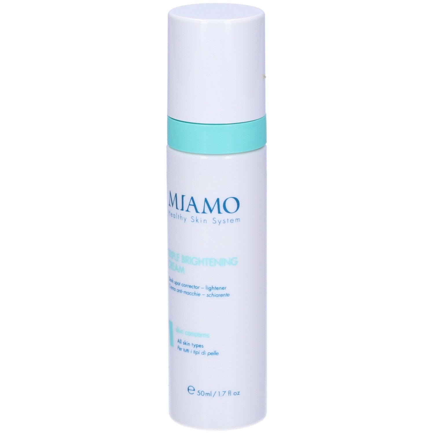 Flacone bianco con fascia blu. Scritta: Miamo, Triple Brightening Cream. Per tutti i tipi di pelle.