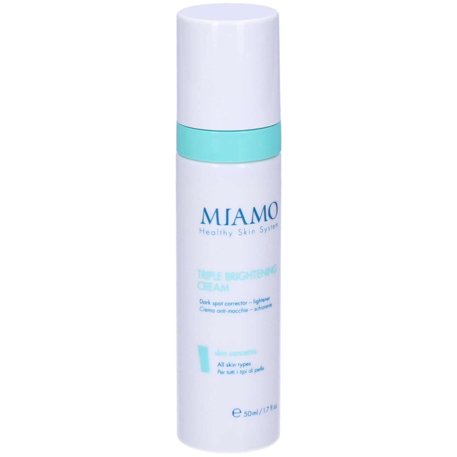 Flacone bianco con fascia blu. Scritta: Miamo, Triple Brightening Cream. Per tutti i tipi di pelle.
