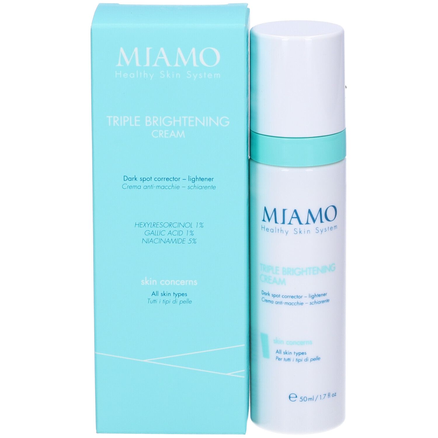 Confezione prodotto con flacone. Scritta: Miamo, Triple Brightening Cream. Contiene Esilresorcinolo, acido gallico, niacinamide.