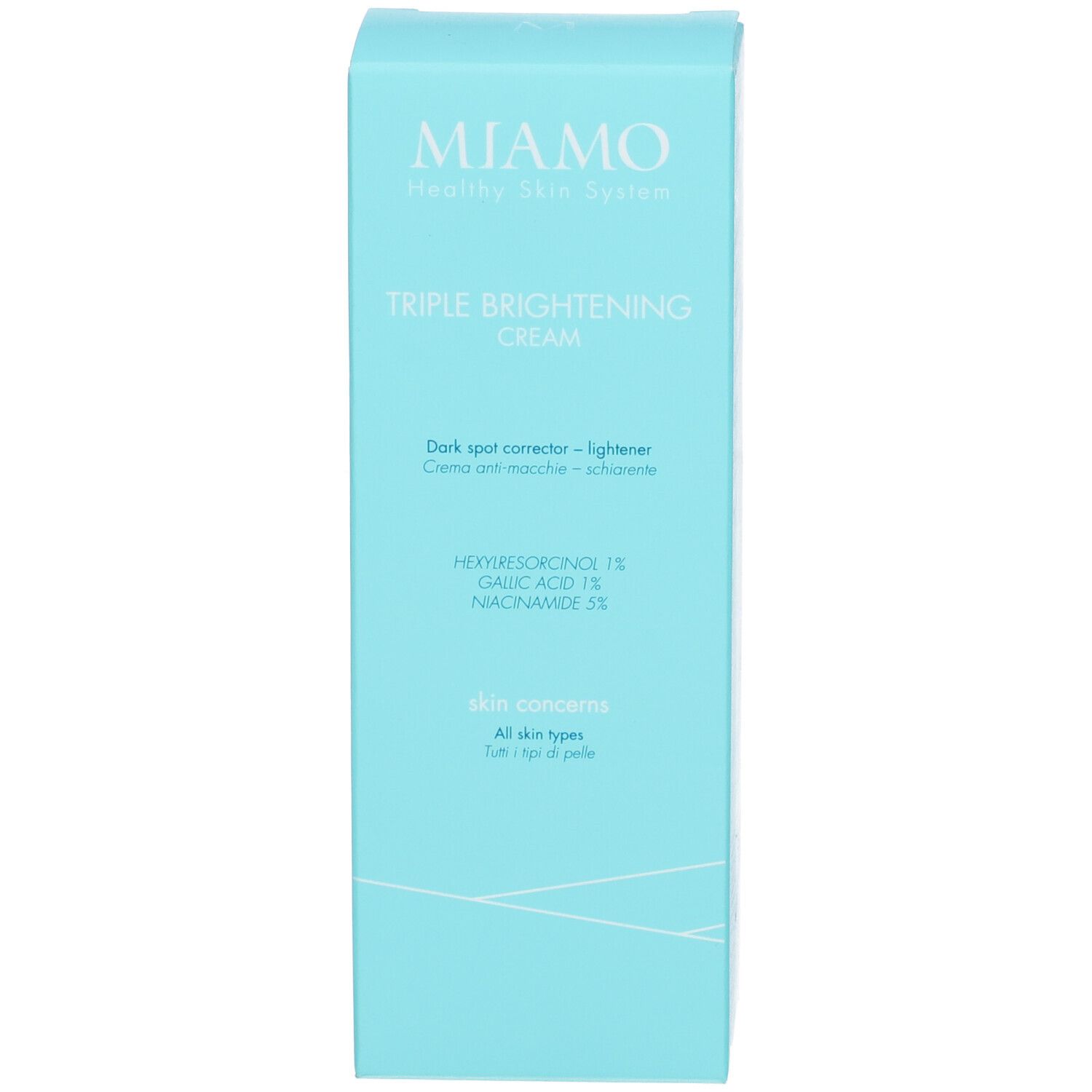 Confezione prodotto. Scritta: Miamo, Triple Brightening Cream. Contiene Esilresorcinolo, acido gallico, niacinamide.