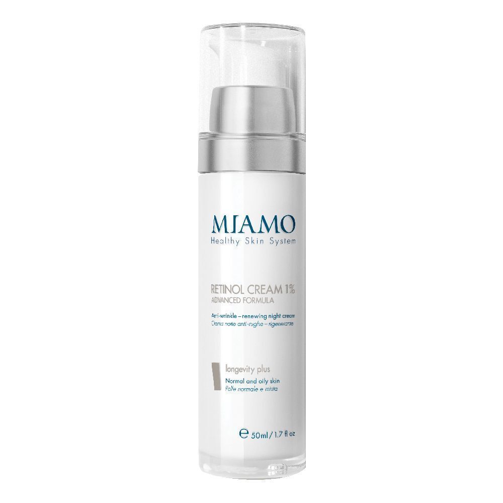 Flacone di crema con dosatore. Scritta: Miamo, Retinol Cream 1%, 50ml. Per pelli normali e grasse.