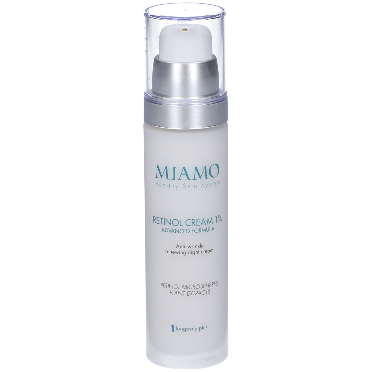 Flacone di crema con dosatore. Scritta: Miamo, Retinol Cream 1%. Per pelli normali e grasse.