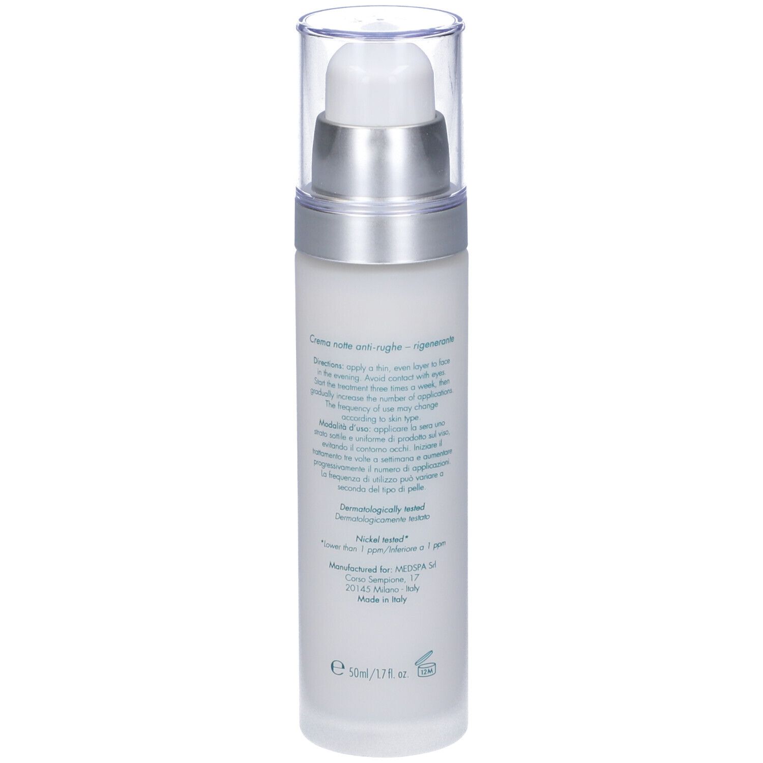 Flacone di crema con dosatore. Retro con testo. Scritta: 50ml/1.7 fl oz.