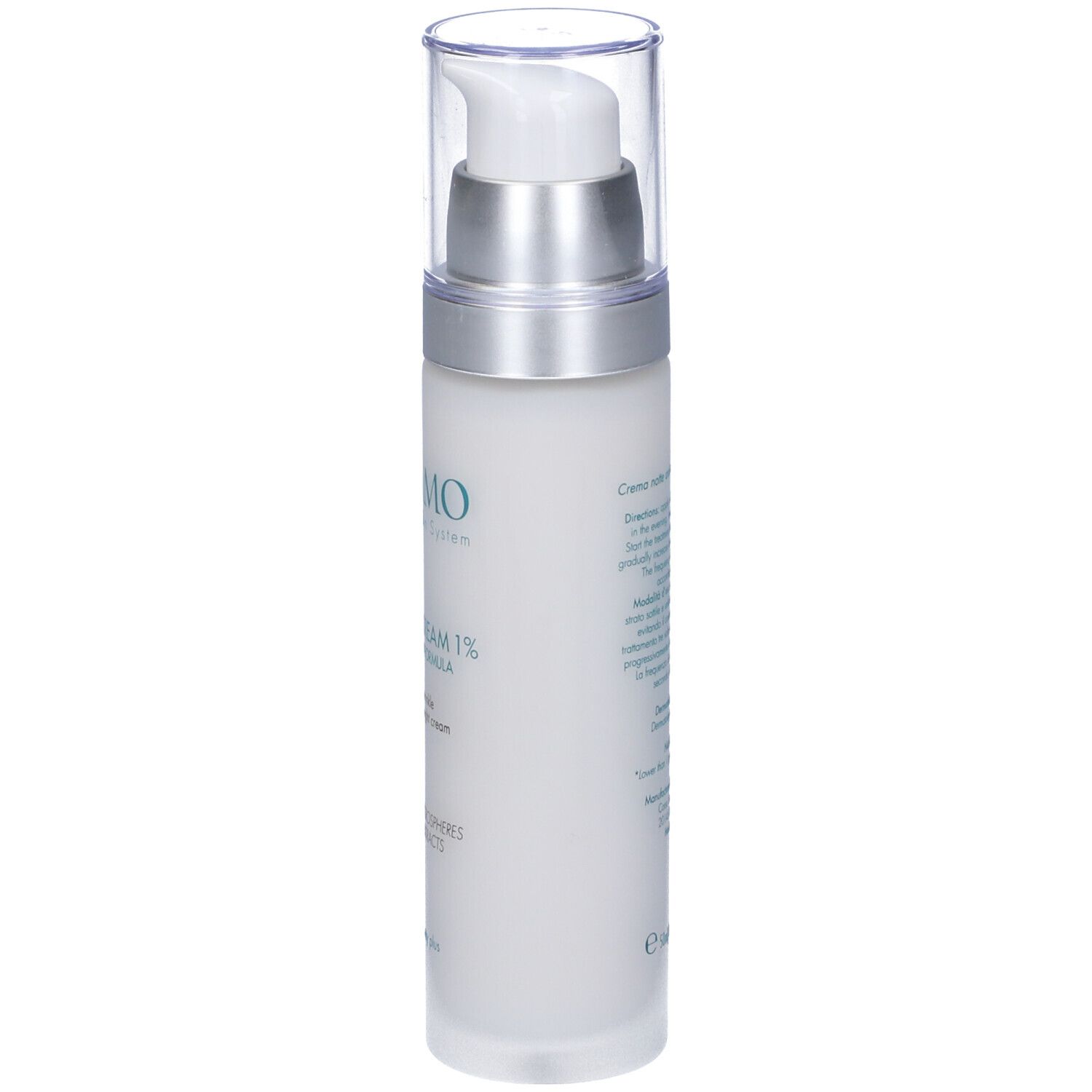 Flacone di crema con dosatore. Retro con testo. Scritta: 50ml/1.7 fl oz.