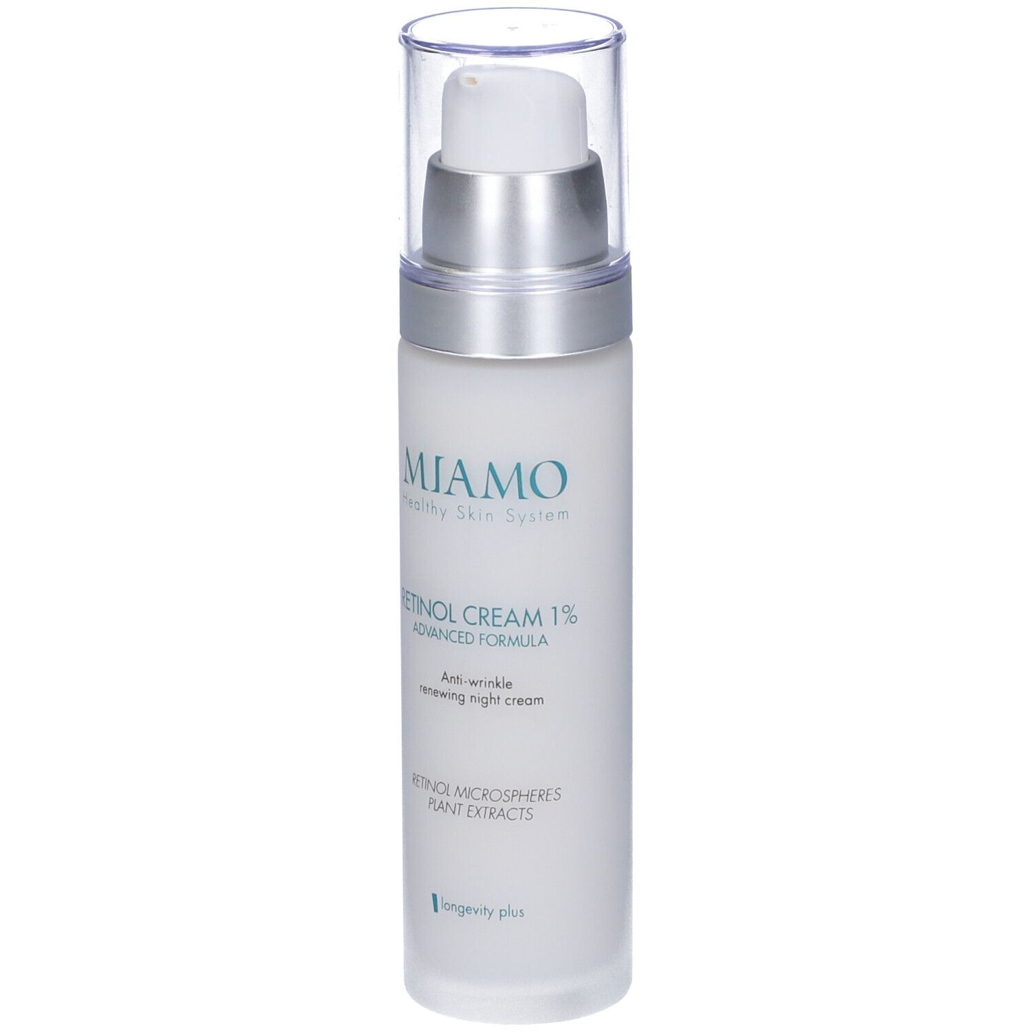 Flacone di crema con dosatore. Retro con testo. Scritta: 50ml/1.7 fl oz.