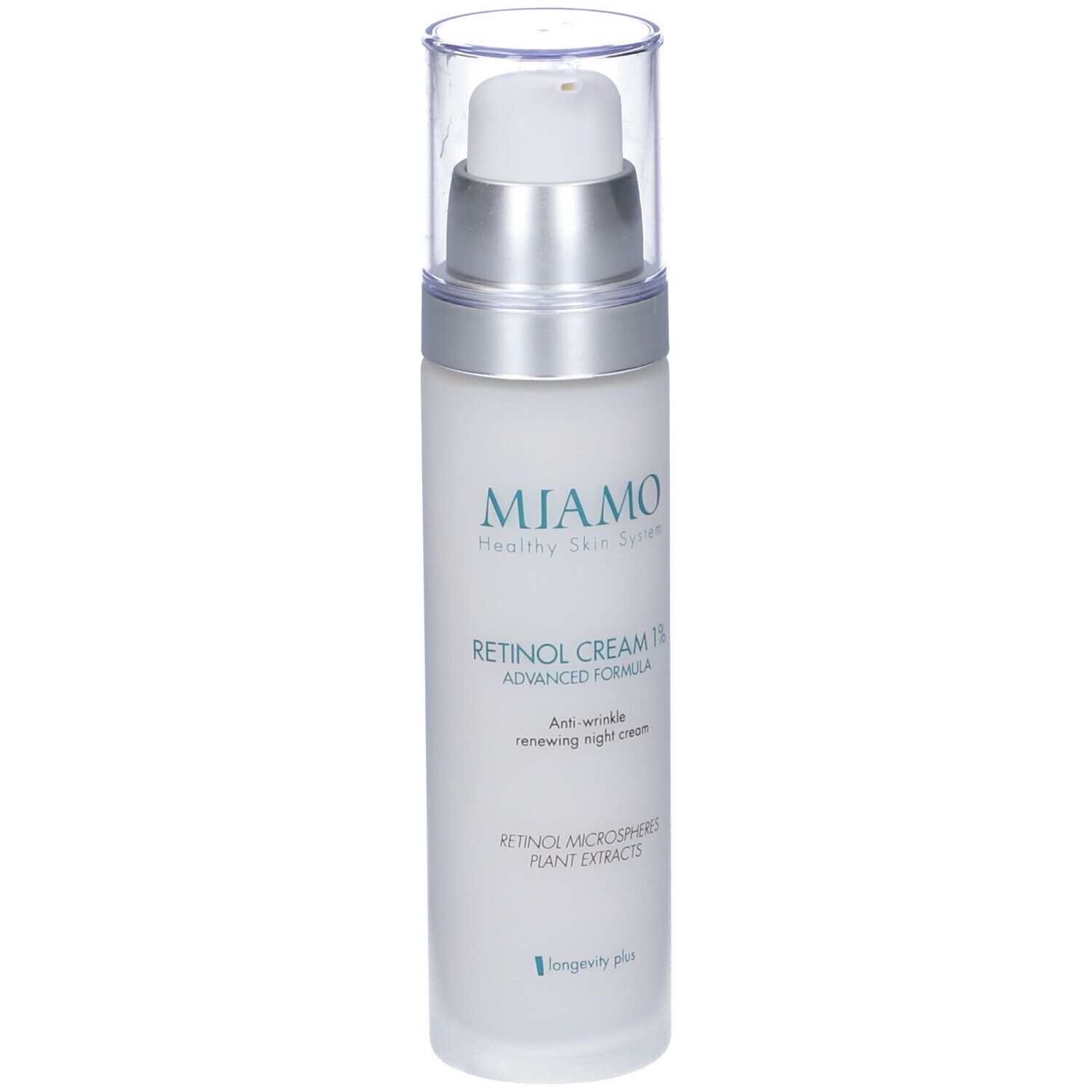Flacone di crema con dosatore. Scritta: Miamo, Retinol Cream 1%. Per pelli normali e grasse.