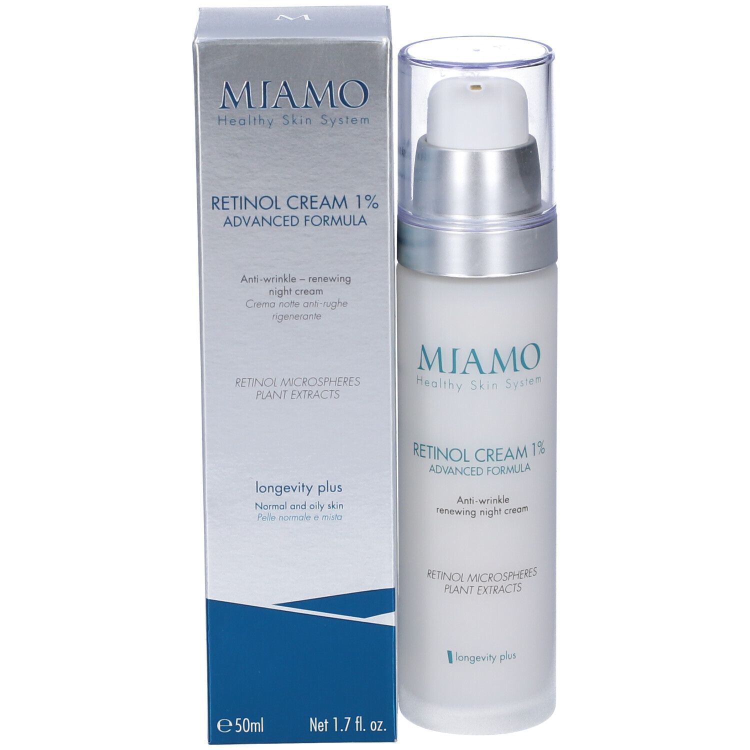 Flacone di crema con dosatore e scatola. Scritta: Miamo, Retinol Cream 1%, 50ml. Per pelli normali e grasse.