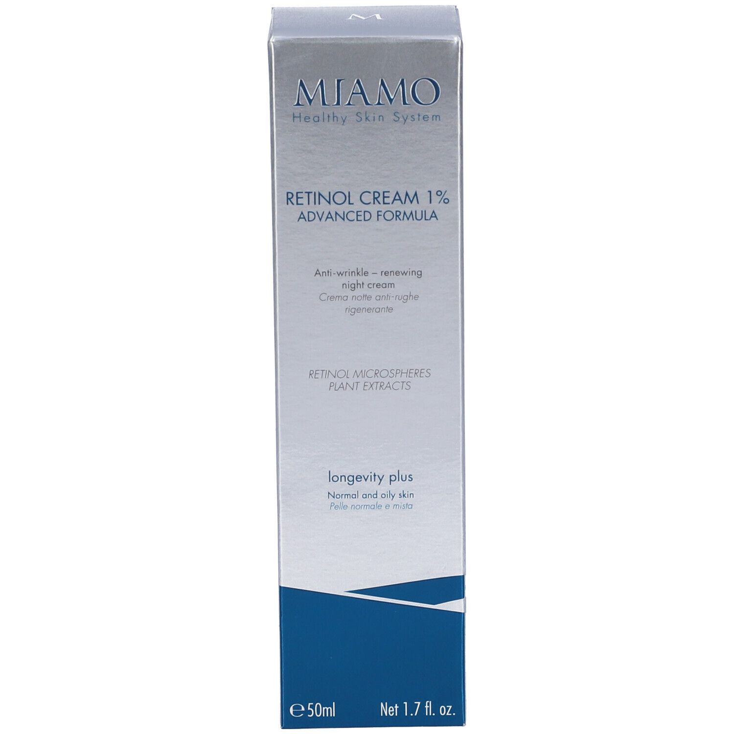 Scatola con scritta: Miamo, Retinol Cream 1%, 50ml. Per pelli normali e grasse.