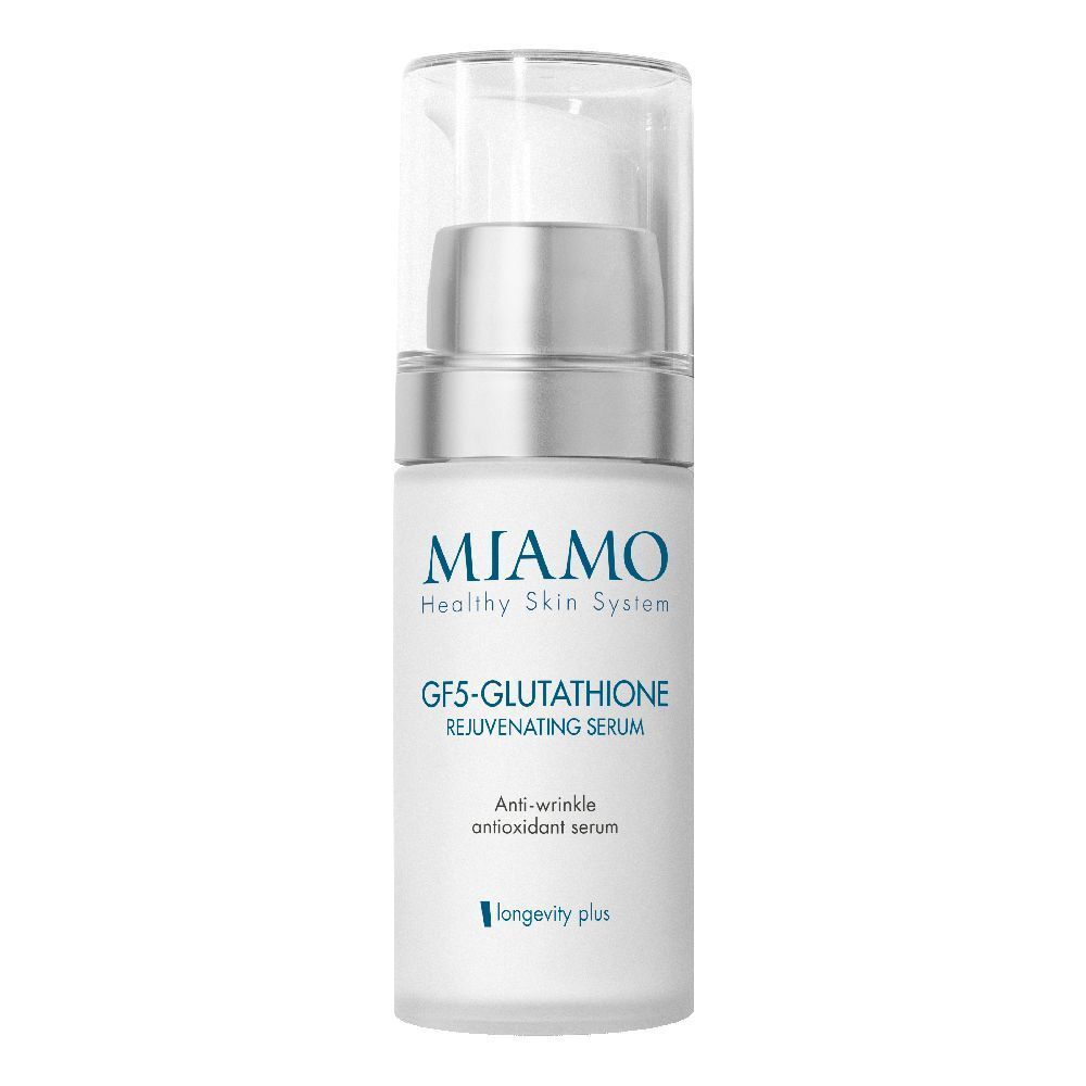 Flacone di siero con dosatore. Scritta: Miamo, GF5-Glutathione Rejuvenating Serum. Anti-rughe, siero antiossidante.