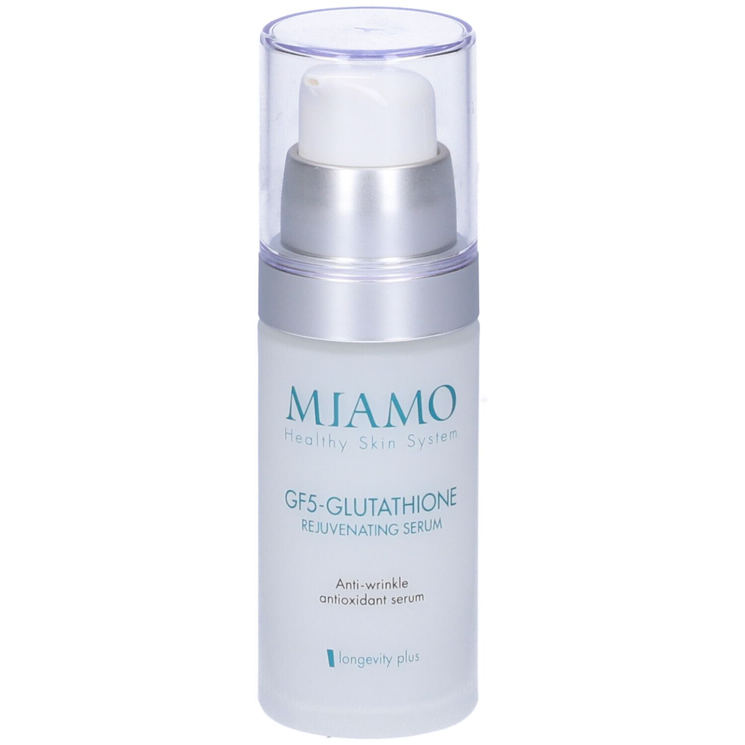 Flacone di siero con dosatore. Scritta: Miamo, GF5-Glutathione Rejuvenating Serum. Anti-rughe, siero antiossidante.