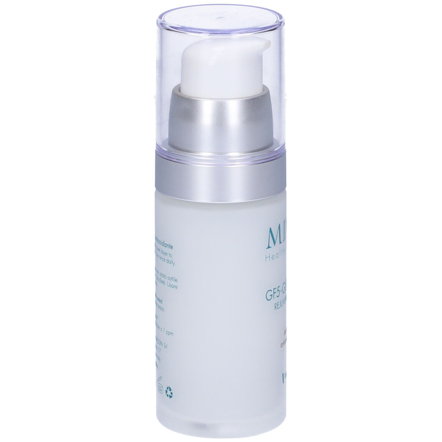Flacone di siero con dosatore. Scritta: Miamo, GF5-Glutathione Rejuvenating Serum. Retro con testo.