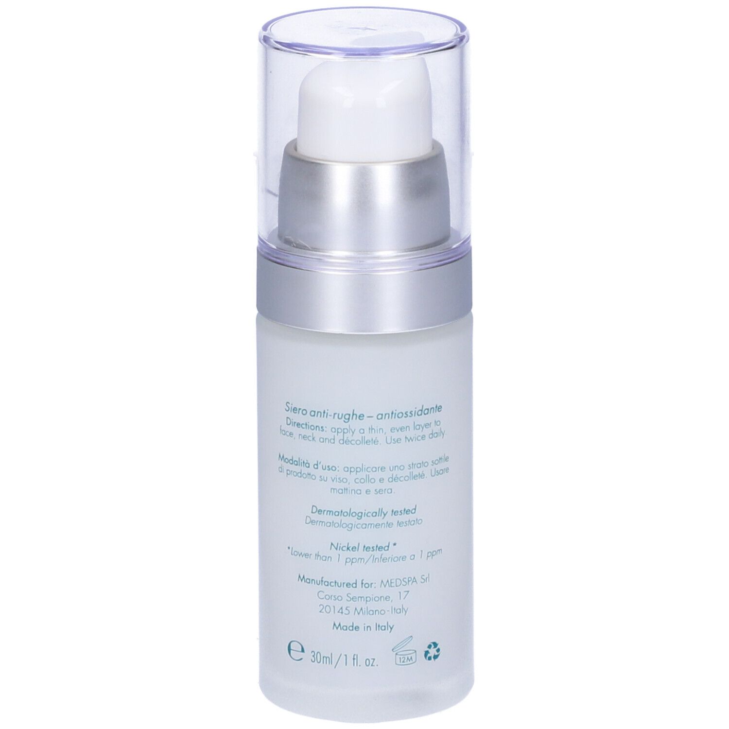 Flacone di siero con dosatore. Scritta: Miamo, GF5-Glutathione Rejuvenating Serum. Retro con testo.