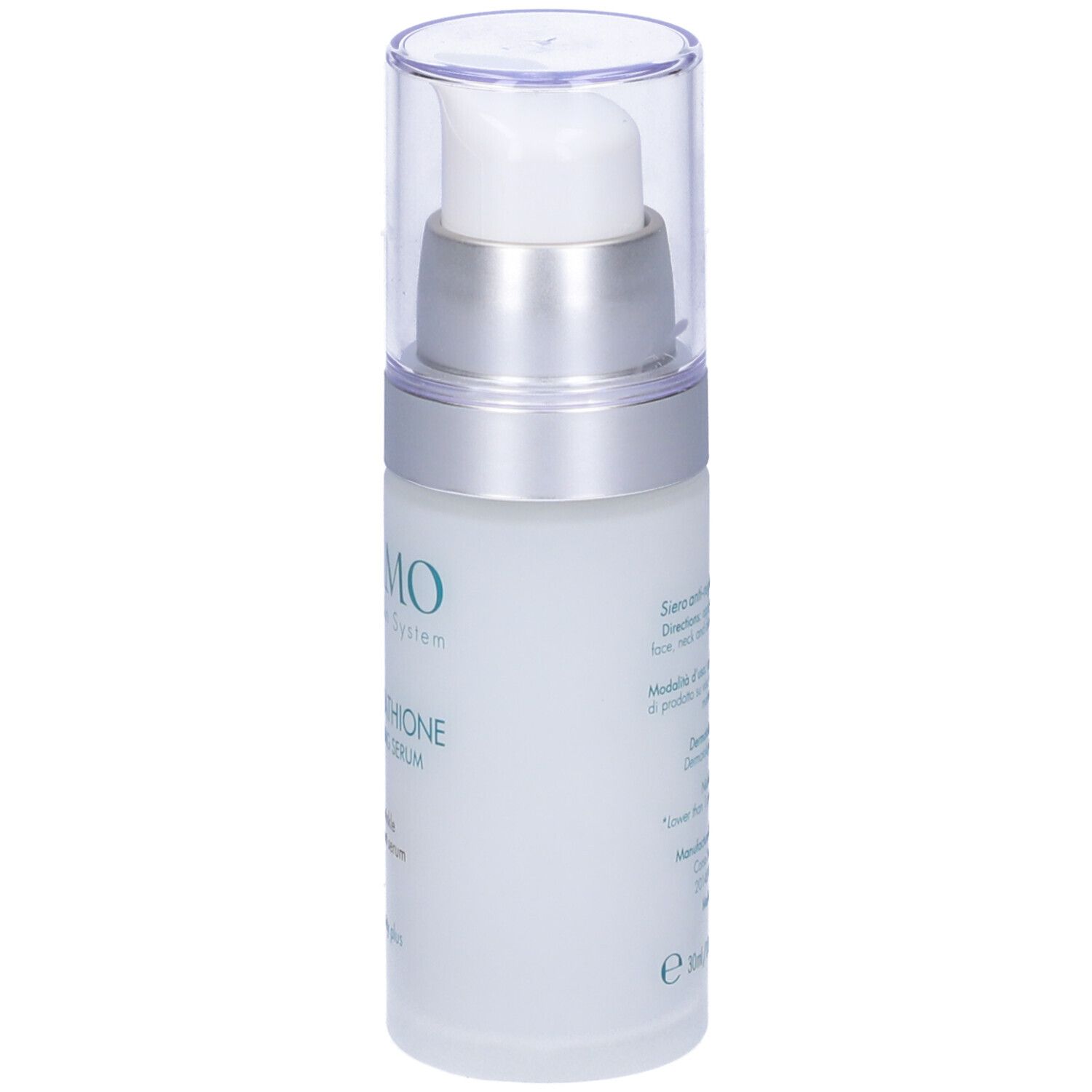 Flacone di siero con dosatore. Scritta: Miamo, GF5-Glutathione Rejuvenating Serum. Retro con testo.