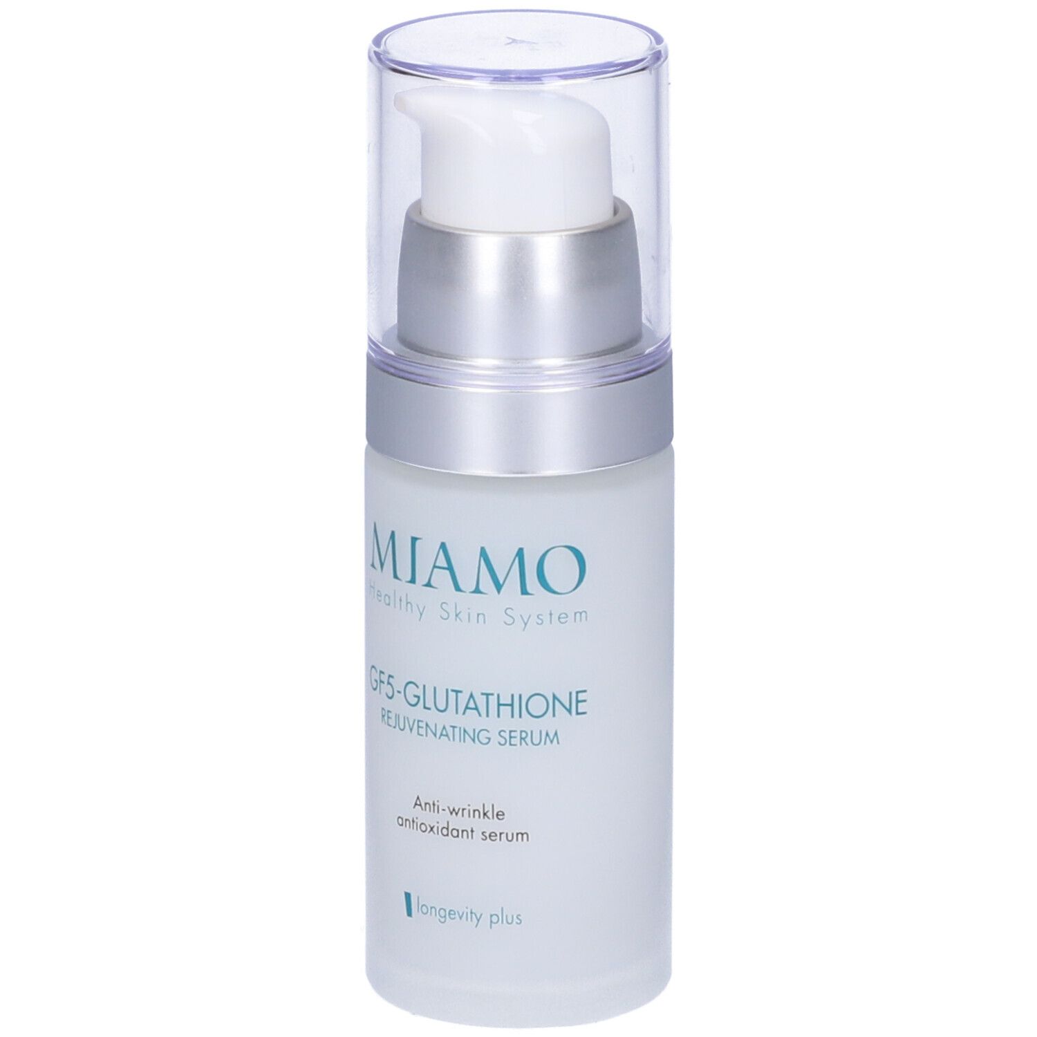 Flacone di siero con dosatore. Scritta: Miamo, GF5-Glutathione Rejuvenating Serum. Anti-rughe, siero antiossidante.