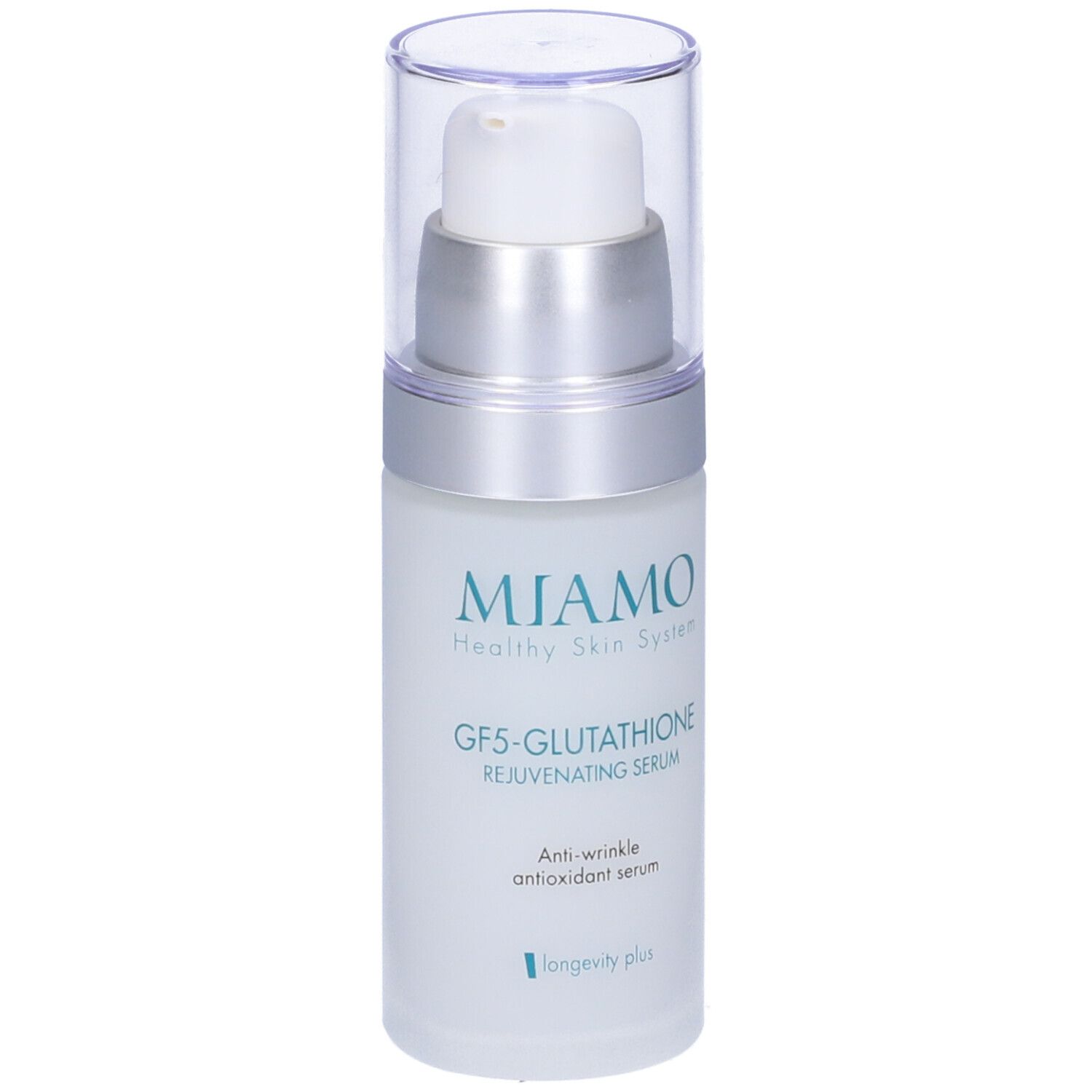 Flacone di siero con dosatore. Scritta: Miamo, GF5-Glutathione Rejuvenating Serum. Anti-rughe, siero antiossidante.