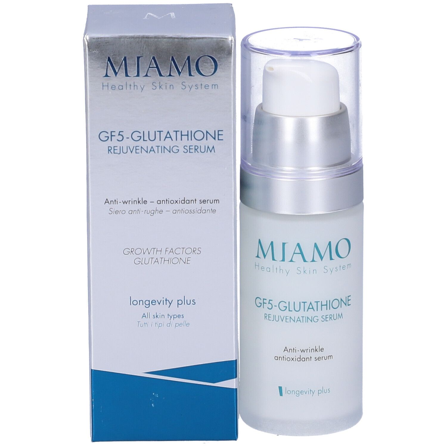 Flacone di siero e confezione. Scritta: Miamo, GF5-Glutathione Rejuvenating Serum. Anti-rughe, siero antiossidante.