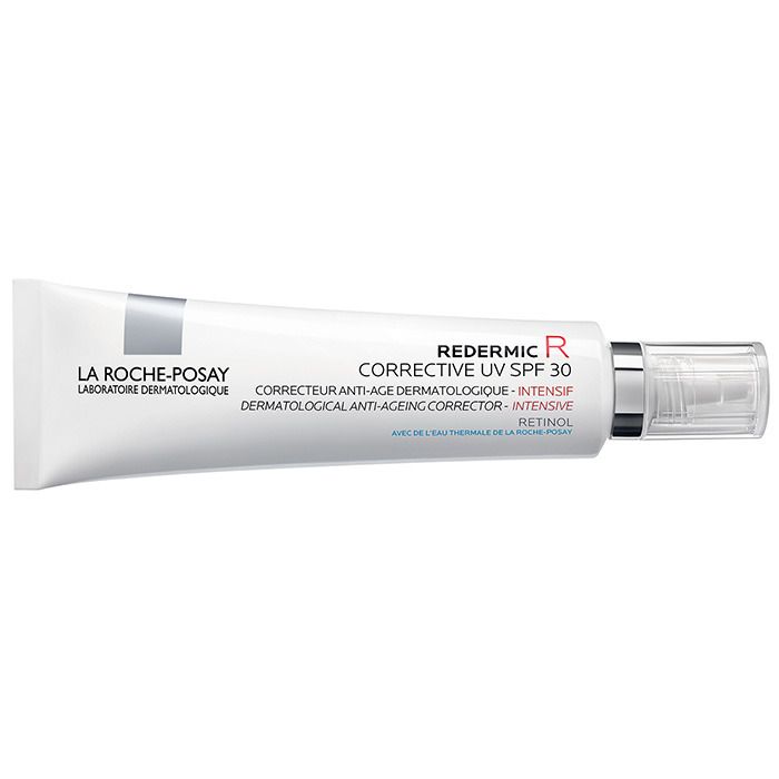 Tubo crema Redermic R UV SPF 30 La Roche-Posay. Tubo bianco con dettagli argento e tappo trasparente.