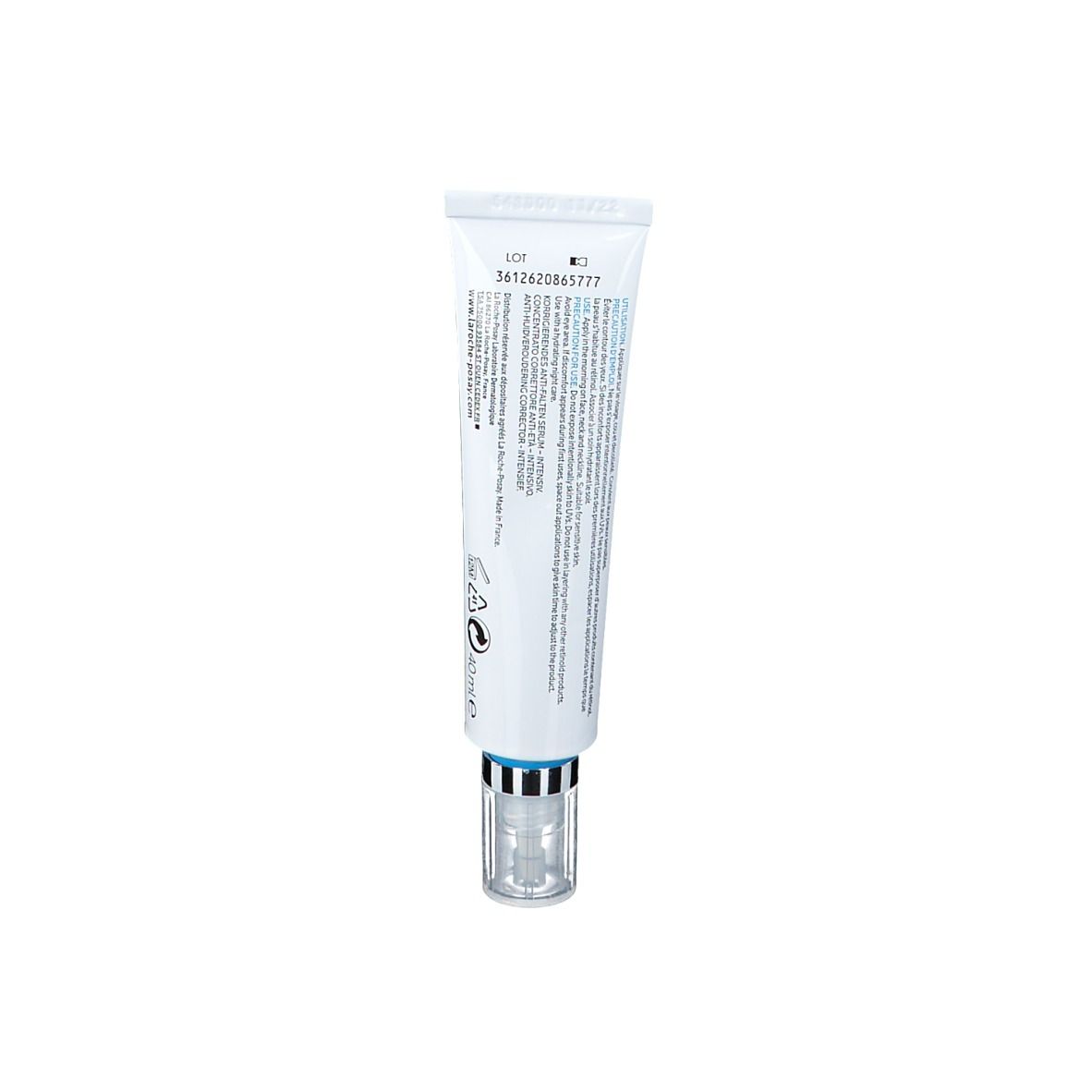 Retro del tubo Redermic R UV SPF 30. Informazioni testuali. Marchio La Roche-Posay.
