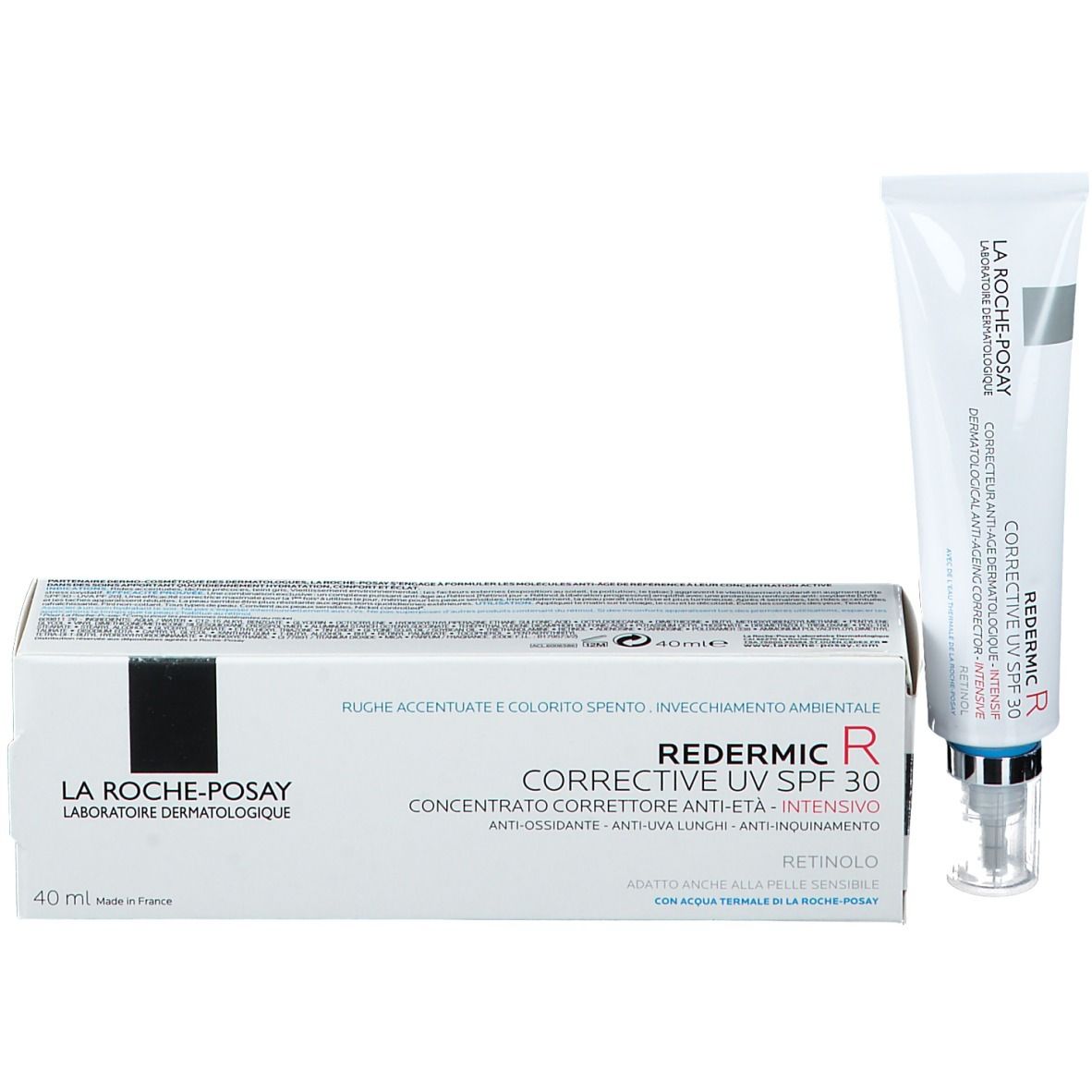 Prodotto e confezione Redermic R UV SPF 30. La Roche-Posay. Tubo e scatola.