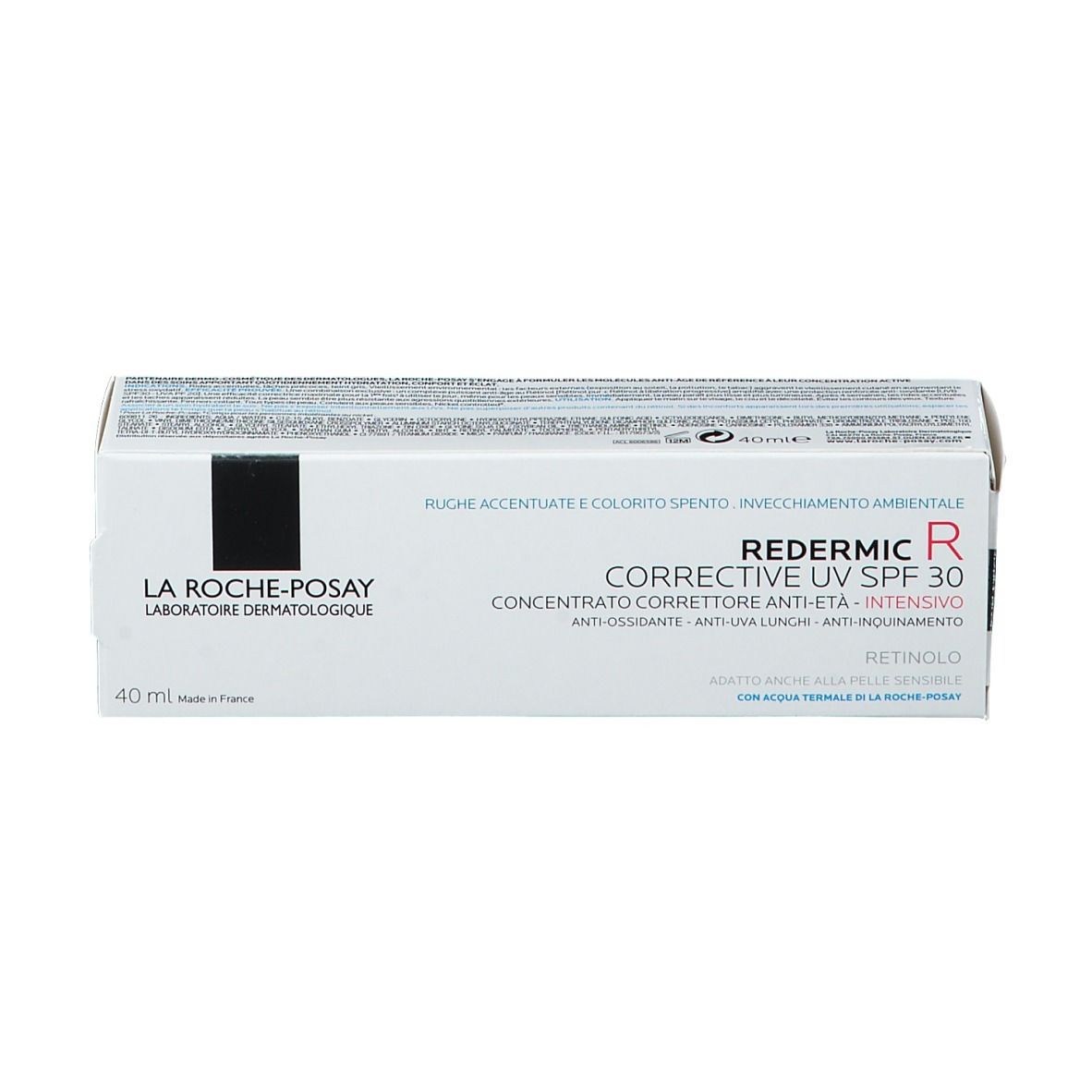Confezione di Redermic R UV SPF 30 La Roche-Posay. Scatola bianca con informazioni sul prodotto.