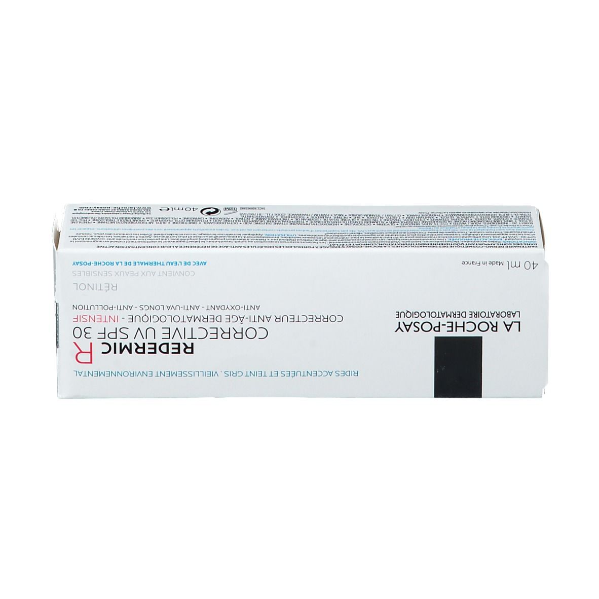 Lato della confezione Redermic R UV SPF 30. Informazioni testuali. La Roche-Posay.