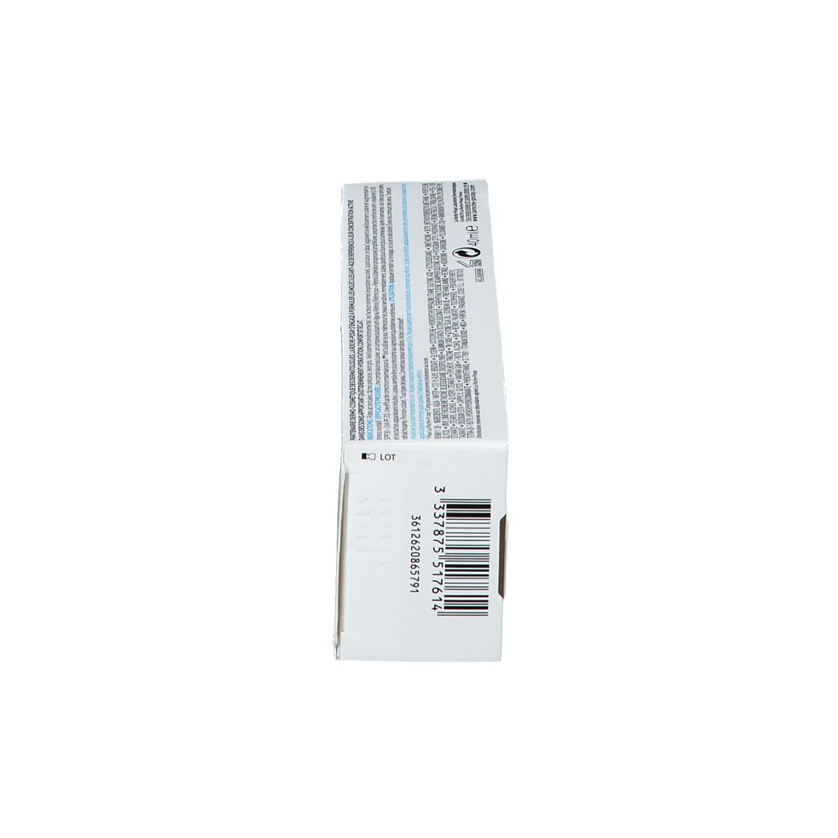 Lato della confezione Redermic R UV SPF 30. Informazioni testuali. La Roche-Posay. Codice a barre.
