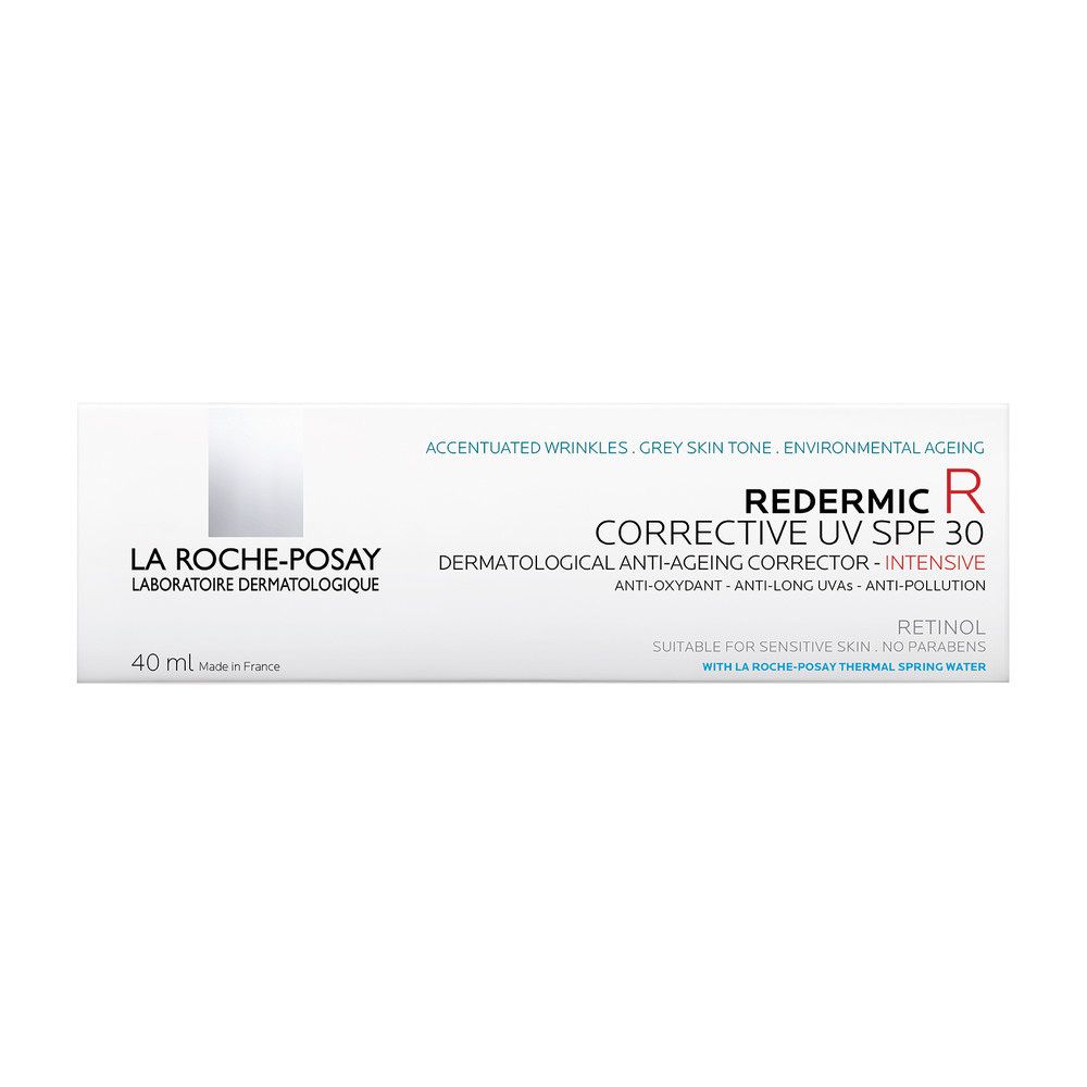 Confezione di Redermic R UV SPF 30 La Roche-Posay. Scatola bianca con informazioni sul prodotto.