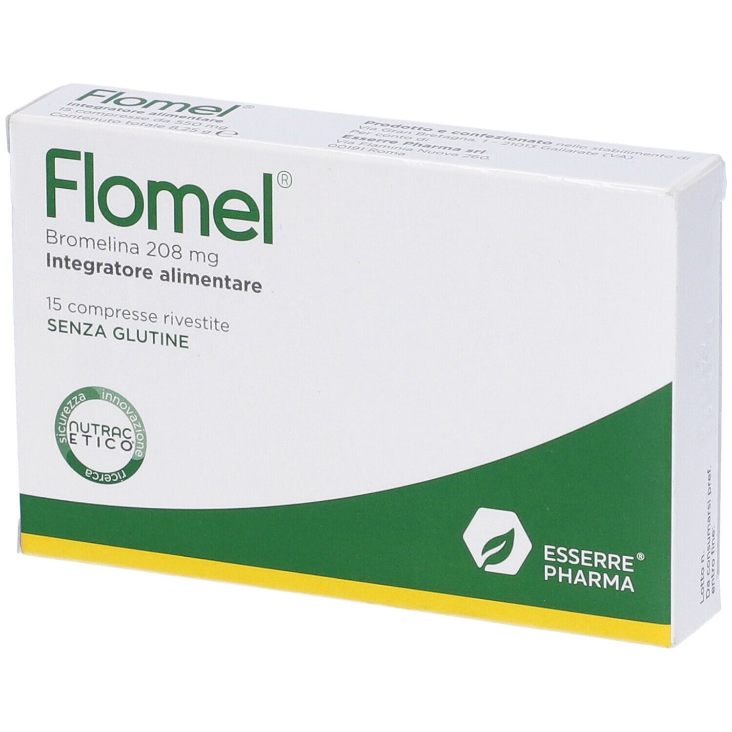 Scatola di Flomel, bianca con design verde. Nome del prodotto, ingredienti e logo sulla confezione.