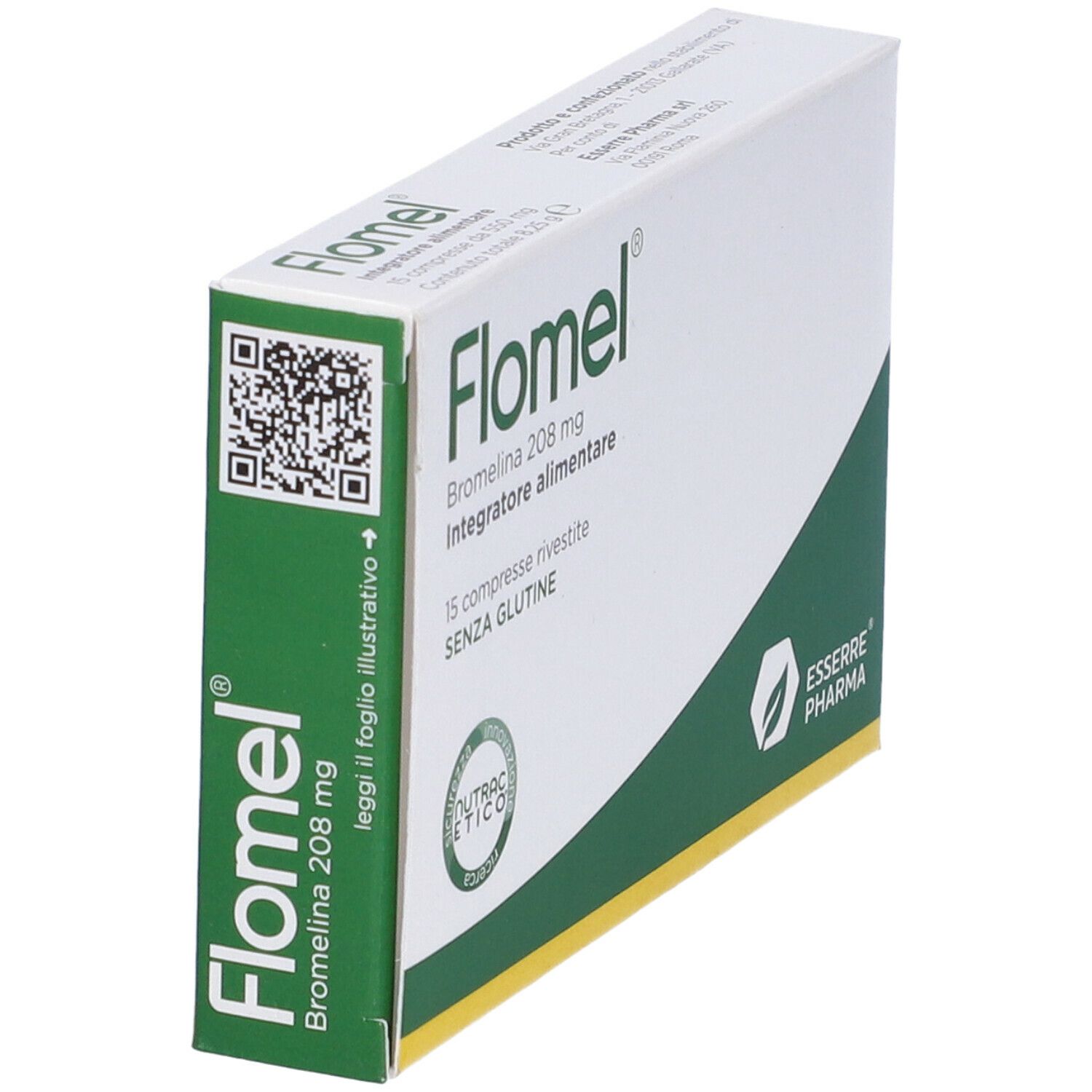 Scatola Flomel, bianca con fascia verde. Nome del prodotto, ingredienti e codice QR sul lato.