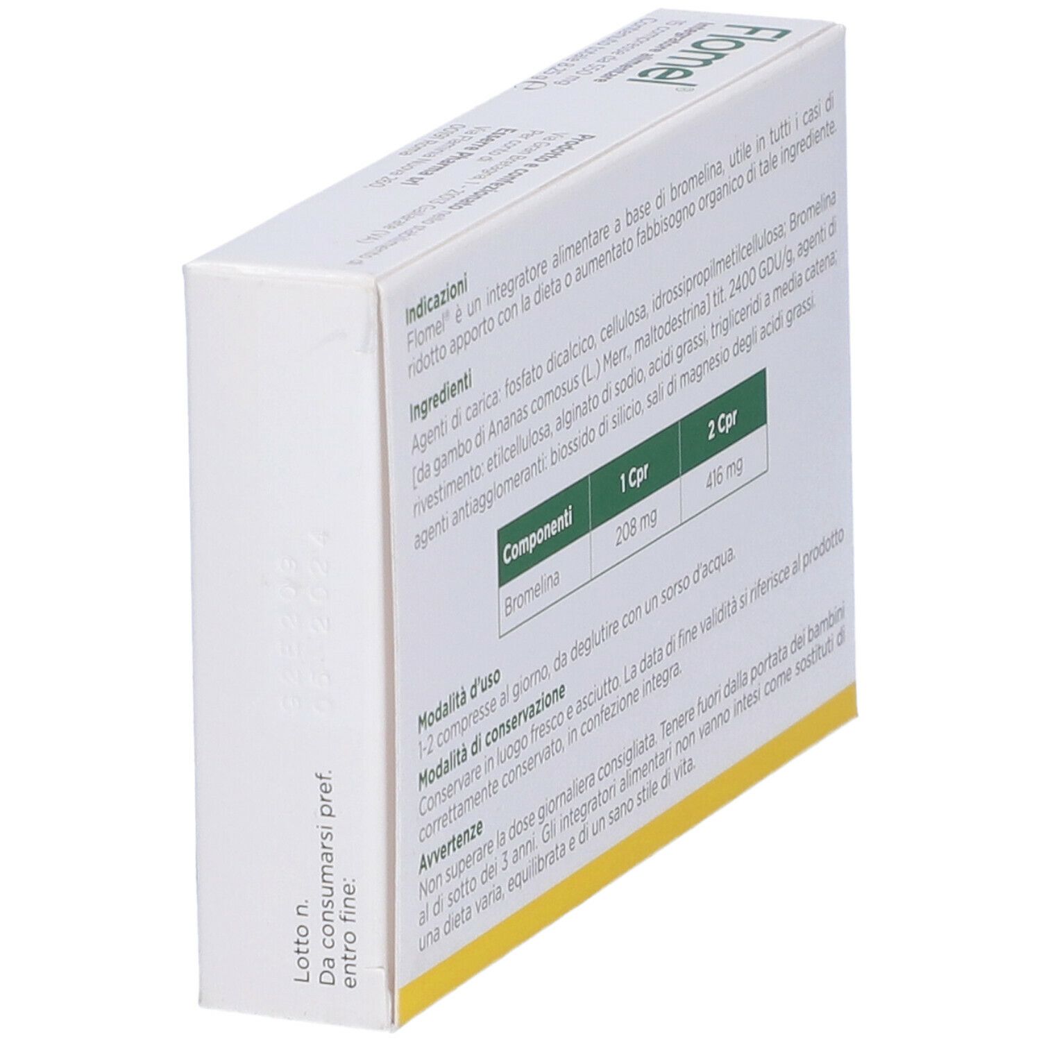 Scatola Flomel, retro. Contiene ingredienti, istruzioni per l'uso e avvertenze.