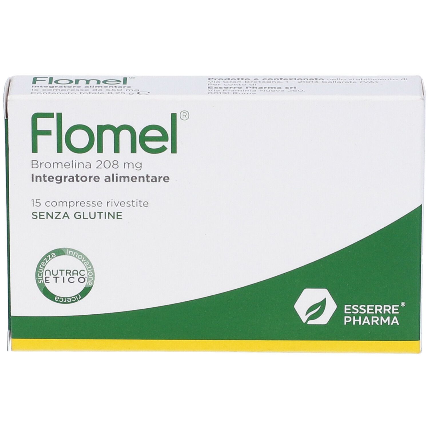 Scatola di Flomel, bianca con design verde. Nome del prodotto, ingredienti e logo sulla confezione.
