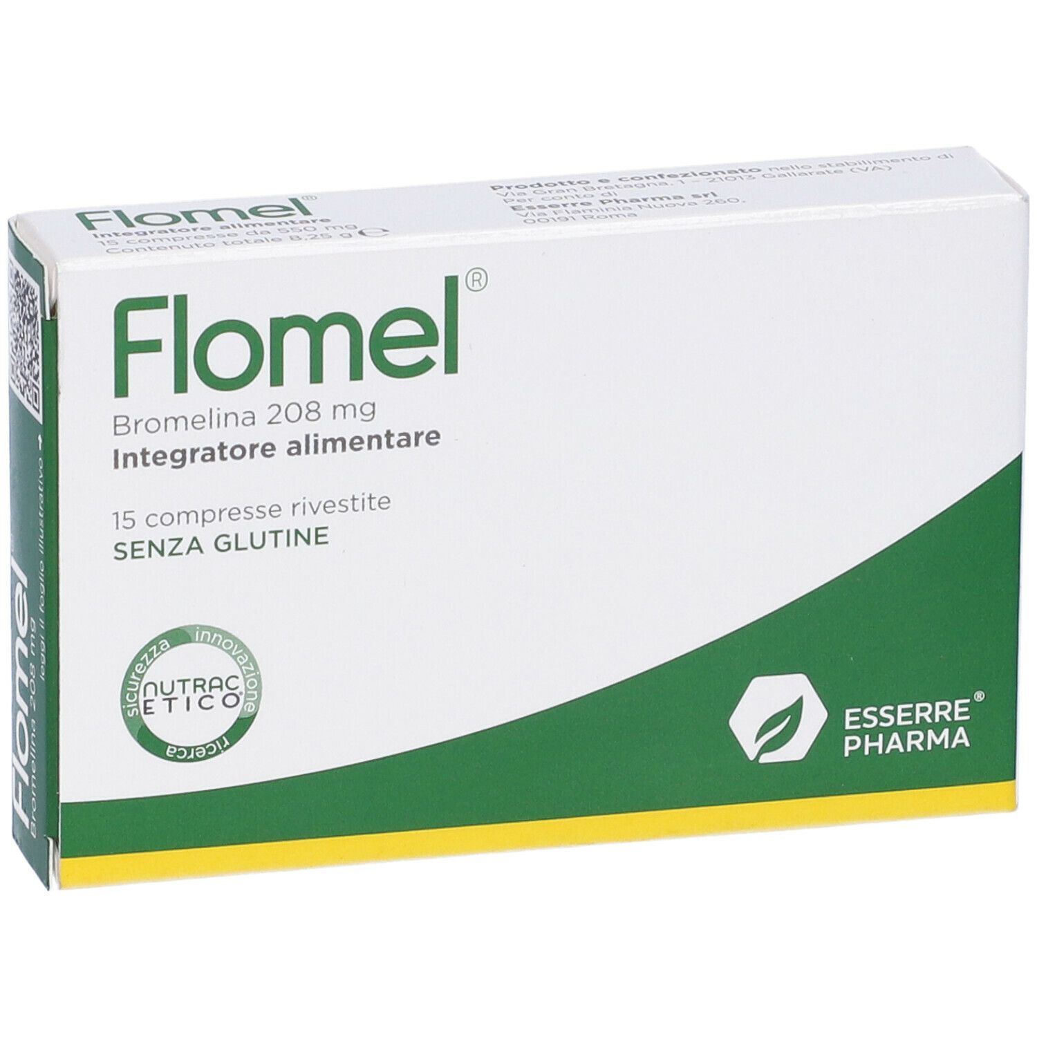 Scatola di Flomel, bianca con design verde. Nome del prodotto, ingredienti e logo sulla confezione.