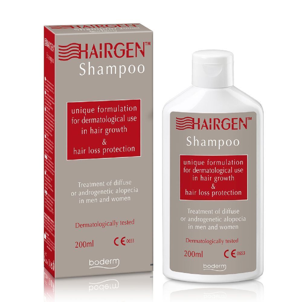 Flacone e confezione di Hairgen Shampoo. Scritta: formulazione unica per uso dermatologico per la crescita dei capelli e la protezione dalla caduta.
