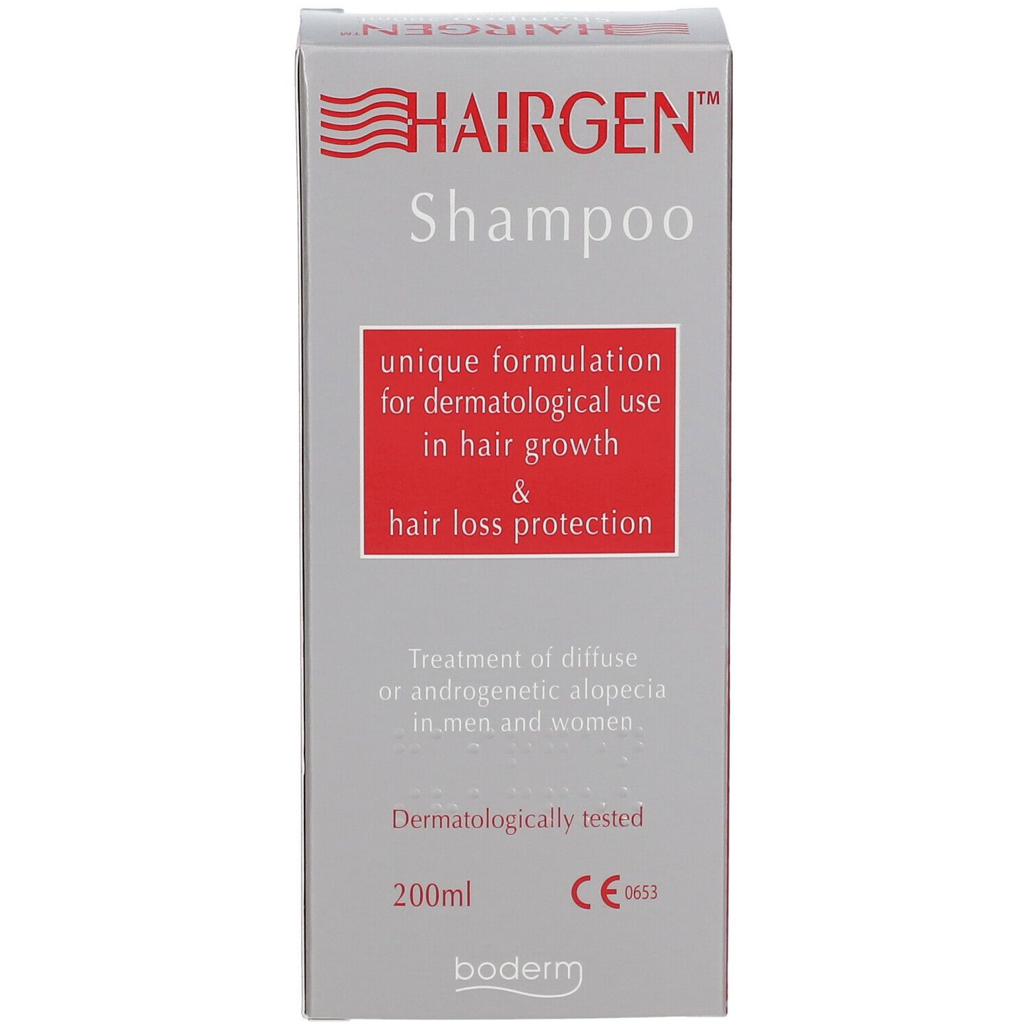 Confezione di Hairgen Shampoo. Scritta: formulazione unica per uso dermatologico per la crescita dei capelli e la protezione dalla caduta. 200ml.