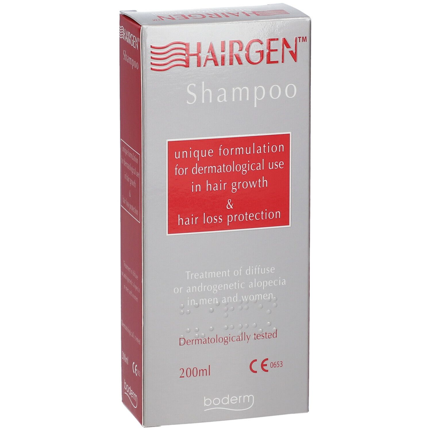 Confezione di Hairgen Shampoo. Scritta: formulazione unica per uso dermatologico per la crescita dei capelli e la protezione dalla caduta. 200ml.