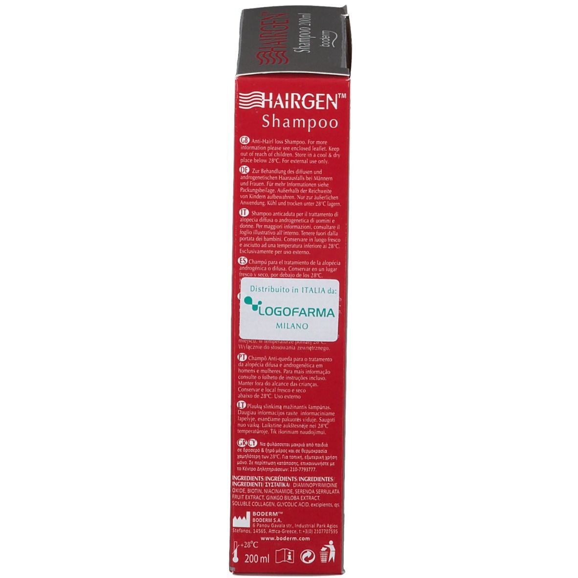 Confezione di Hairgen Shampoo. Scritta: formulazione unica per uso dermatologico per la crescita dei capelli e la protezione dalla caduta. 200ml. Retro.