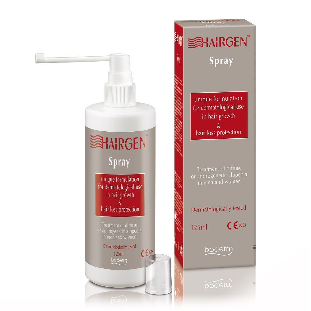 Spray per capelli con erogatore e confezione. Scritta: Hairgen Spray, formulazione unica per uso dermatologico.