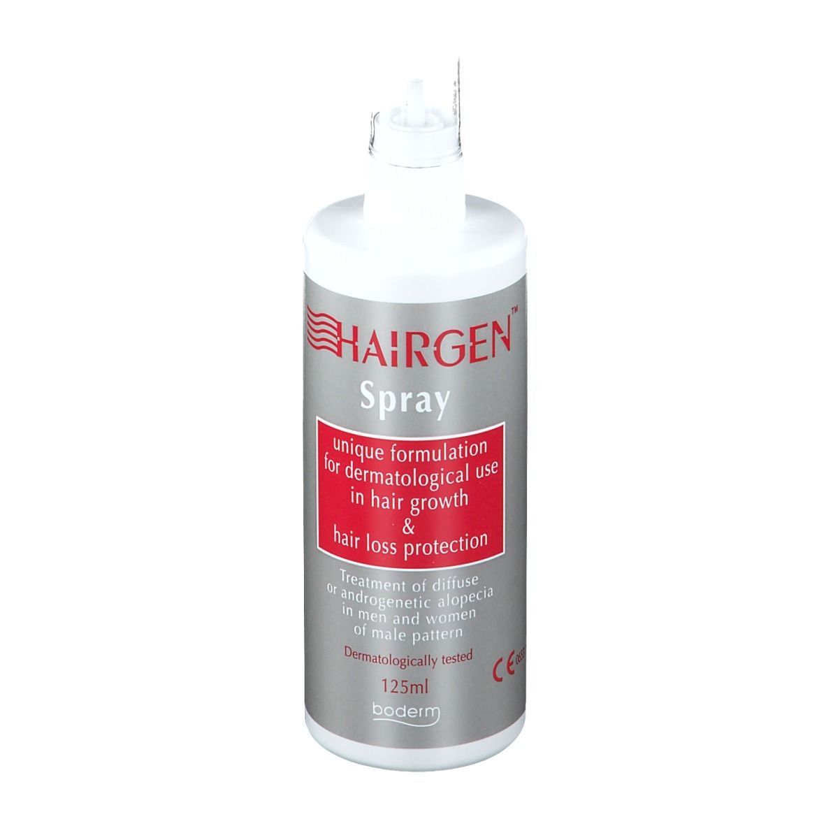 Flacone spray per capelli con erogatore. Scritta: Hairgen Spray, formulazione unica per uso dermatologico.
