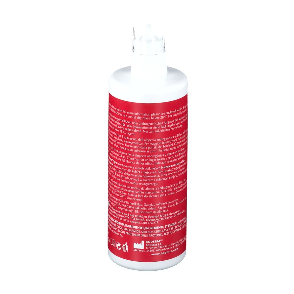 Flacone spray per capelli con erogatore. Retro con testo. Scritta: Hairgen Spray, ingredienti, 125ml.