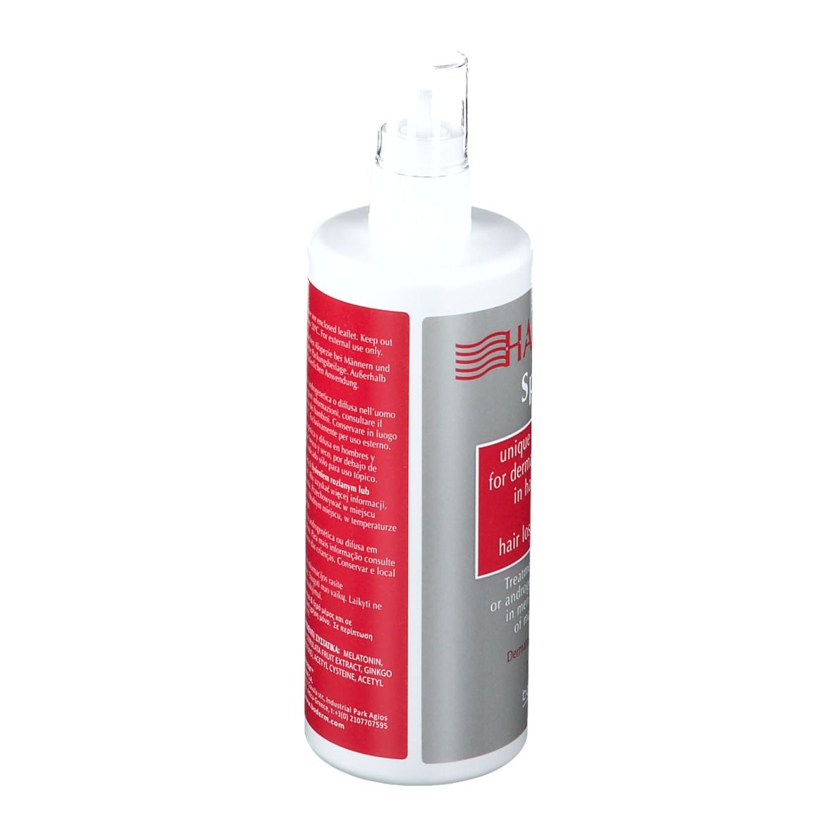 Flacone spray per capelli con erogatore. Retro con testo. Scritta: Hairgen Spray, ingredienti, 125ml.